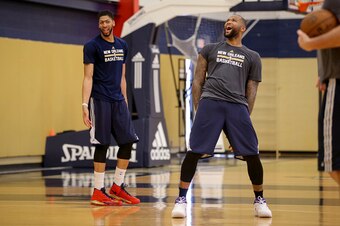 NEW ORLEANS, LA - FEBRUARY 22:  DeMarcus Cousins #0 and Anthony Davis #23 of the New Orleans Pelicans work out together during practice on February 22, 2017 at the New Orleans Pelicans practice facility in Metairie, Louisiana. NOTE TO USER: User expressly