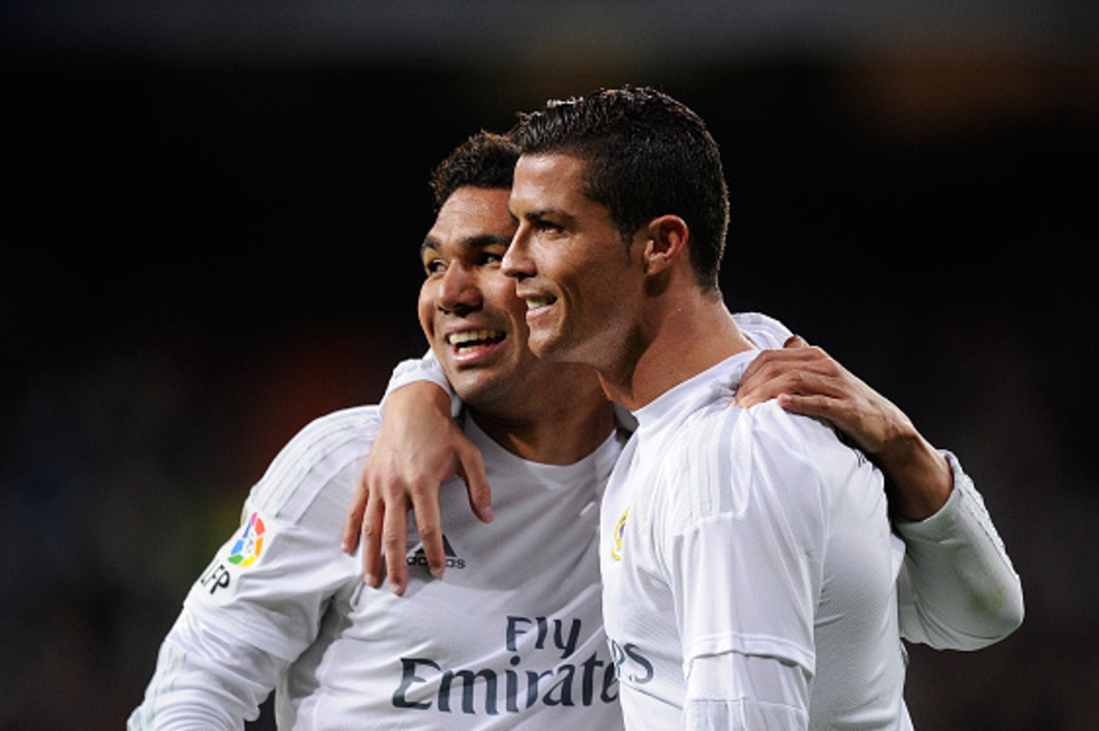 MADRID, SPAIN - MARCH 20: Cristiano Ronaldo of Real Madrid celebrates with Henrique Casemiro after scoring Real's 2nd goal during the La Liga match between Real Madrid CF and Sevilla FC at Estadio Santiago Bernabeu on March 20, 2016 in Madrid, Spain. (P MADRID, SPAIN - MARCH 20: Cristiano Ronaldo of Real Madrid celebrates with Henrique Casemiro after scoring Real's 2nd goal during the La Liga match between Real Madrid CF and Sevilla FC at Estadio Santiago Bernabeu on March 20, 2016 in Madrid, Spain. (P