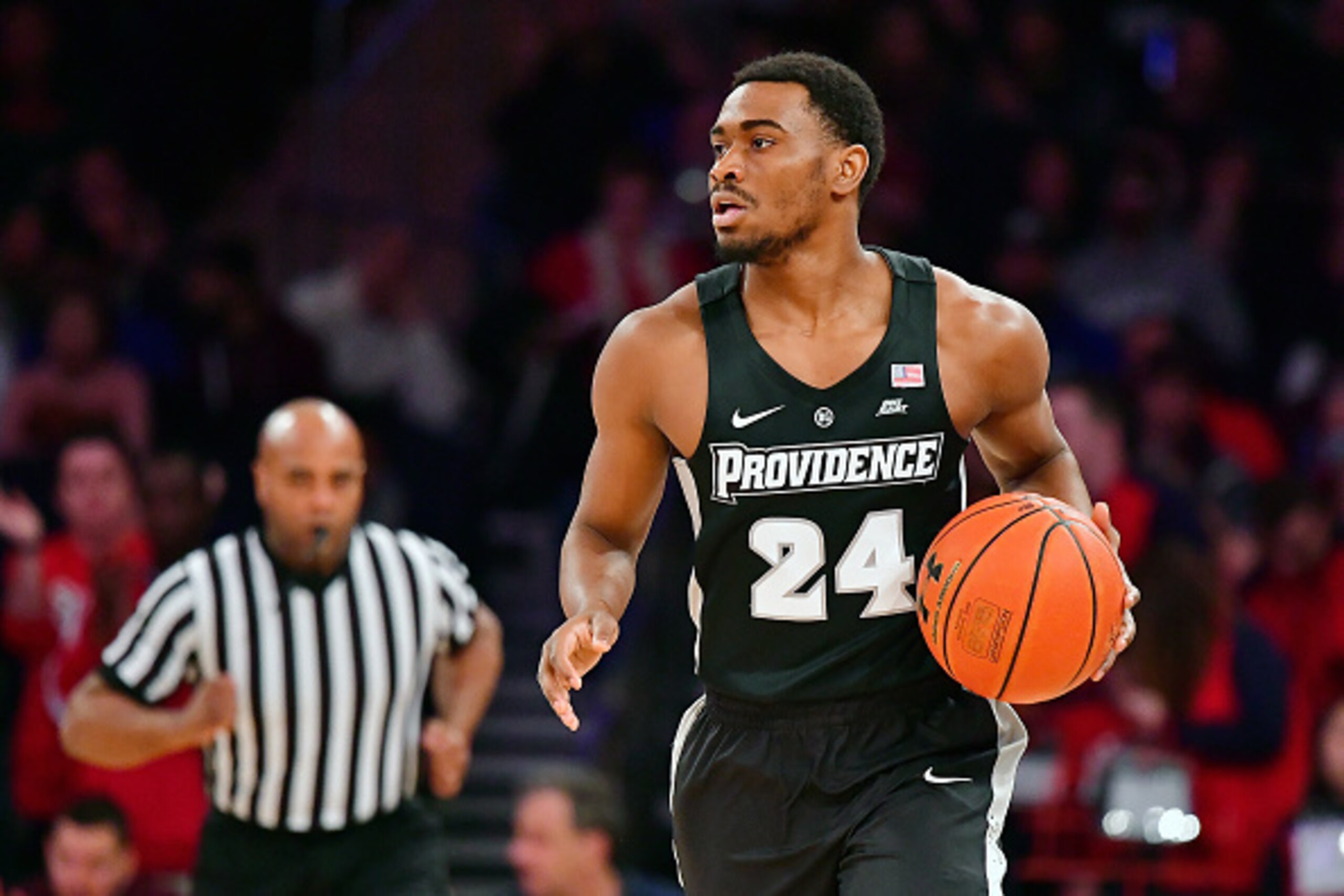 NEW YORK, NY - MARCH 04:  Kyron Cartwright #24 of the Providence Friars handles the ball on offense against the St. John's Red Storm at Madison Square Garden on March 4, 2017 in New York City. The Providence Friars defeated the St. John's Red Storm 86-75 