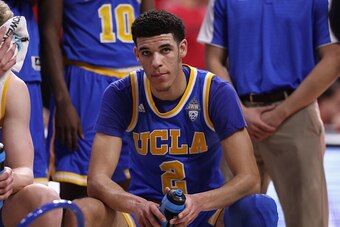 TUCSON, AZ - FEBRUARY 25:  Lonzo Ball #2 of the UCLA Bruins on the bench during the college basketball game against the Arizona Wildcats at McKale Center on February 25, 2017 in Tucson, Arizona. The Bruins defeated the Wildcats 77-72.  (Photo by Christian
