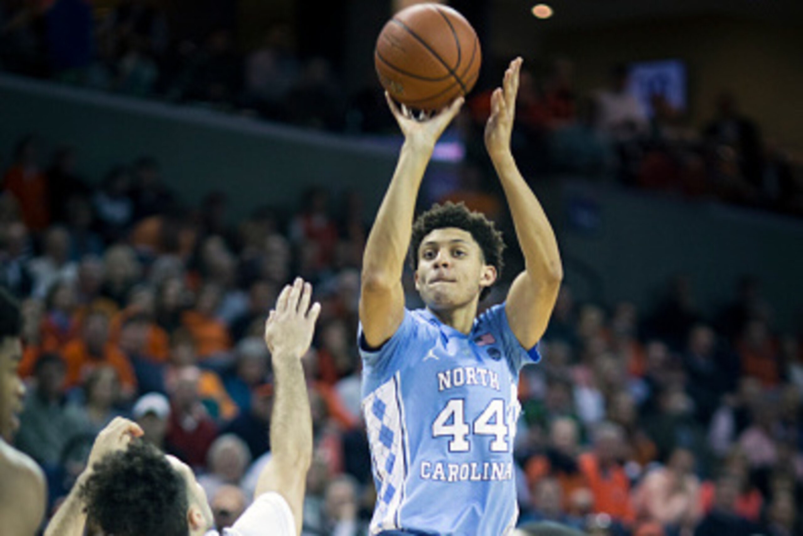 CHARLOTTESVILLE, VA - FEBRUARY 27: Justin Jackson #44 of the North Carolina Tar Heels shoots the ball during North Carolina's game against the Virginia Cavaliers at John Paul Jones Arena on February 27, 2017 in Charlottesville, Virginia. (Photo by Chet St