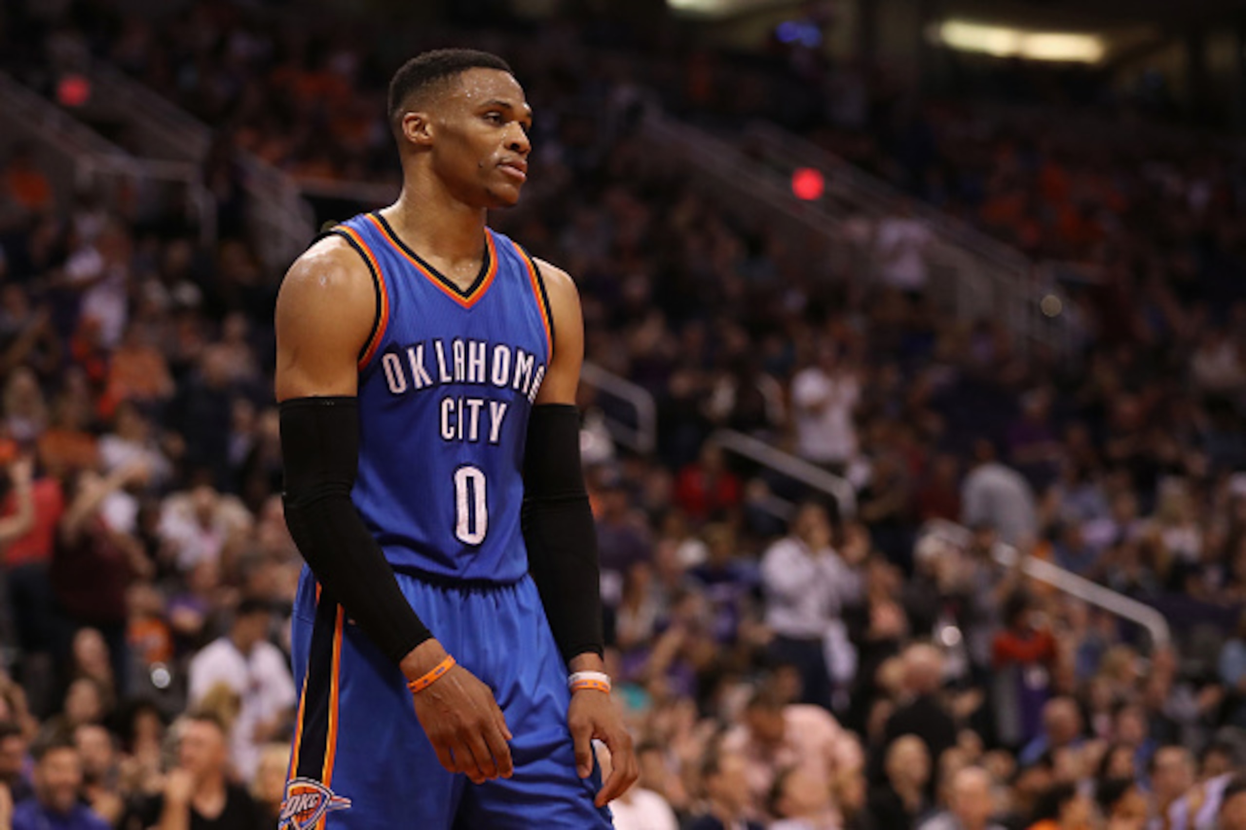 PHOENIX, AZ - MARCH 03:  Russell Westbrook #0 of the Oklahoma City Thunder reacts during the final moments of the second half of the NBA game against the Phoenix Suns at Talking Stick Resort Arena on March 3, 2017 in Phoenix, Arizona. The Suns defeated th