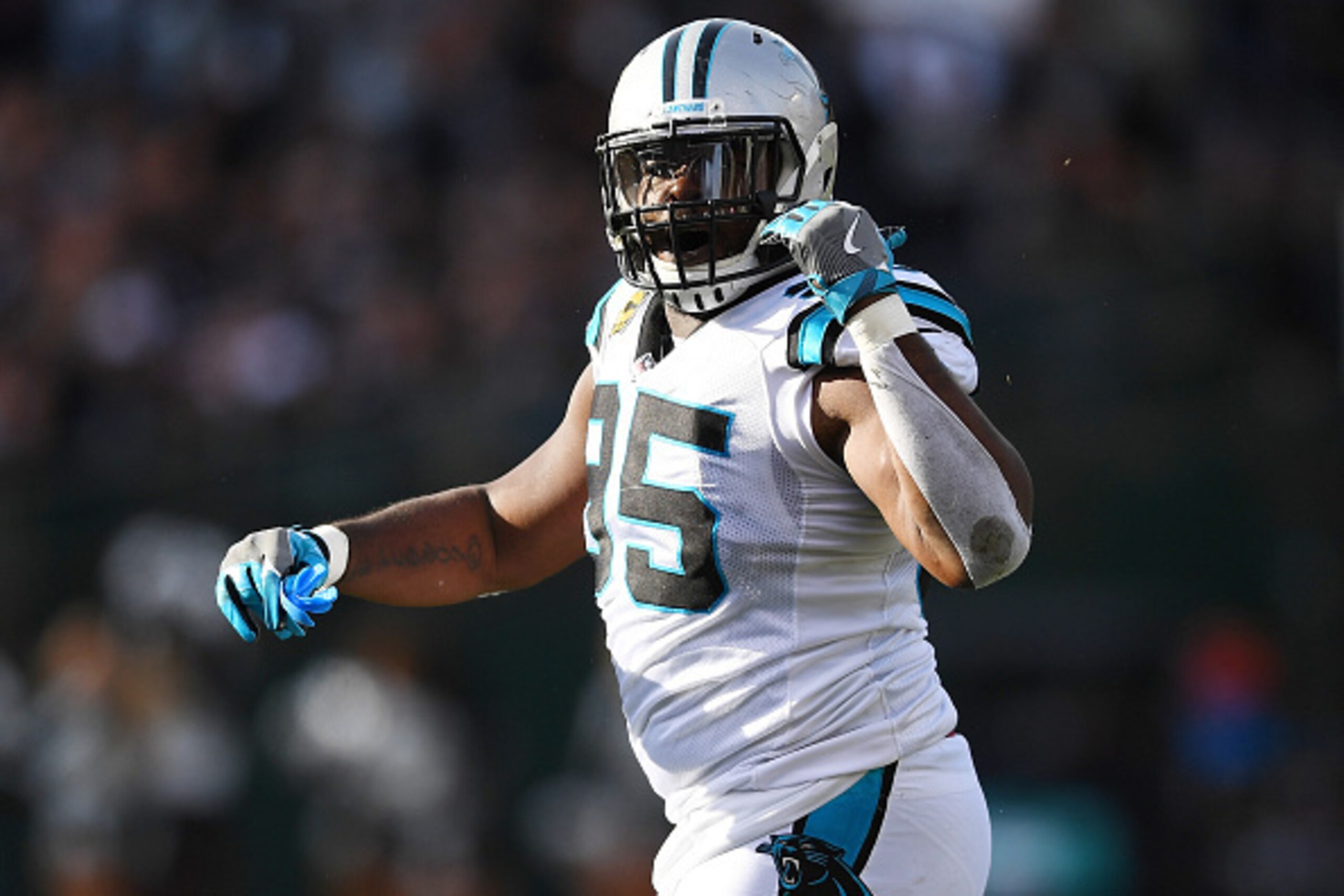 OAKLAND, CA - NOVEMBER 27:  Charles Johnson #95 of the Carolina Panthers reacts after a play against the Oakland Raiders during an NFL football game on November 27, 2016 at the Oakland-Alameda County Coliseum in Oakland, California.  (Photo by Thearon W. 