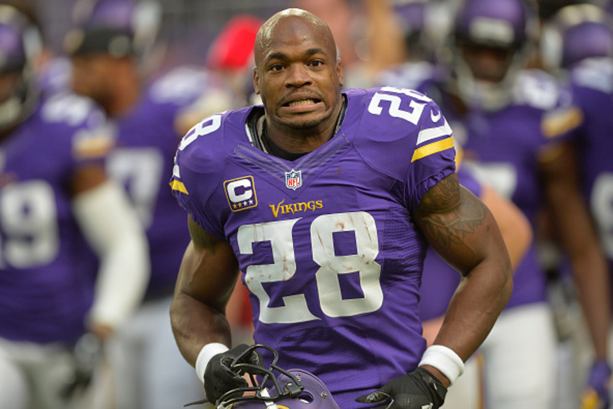 MINNEAPOLIS, MN - DECEMBER 18: Adrian Peterson #28 of the Minnesota Vikings runs off the field after warmups prior to an NFL game against the Indianapolis Colts at U.S. Bank Stadium on December 18, 2016 in Minneapolis, Minnesota. (Photo by Tom Dahlin/Gett