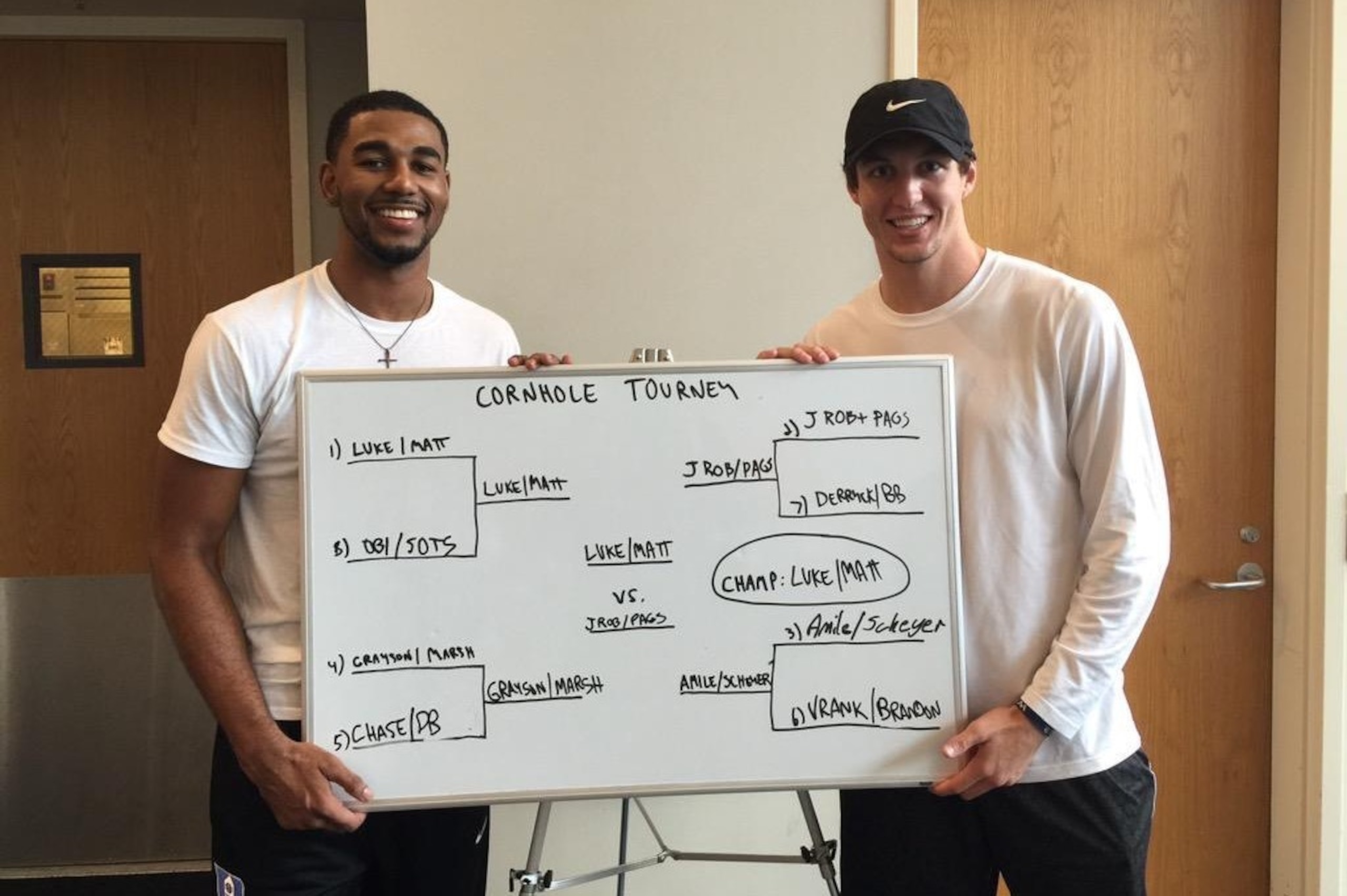Duke's Matt Jones (left) and Luke Kennard show off a cornhole tournament bracket at head coach Mike Krzyzewski's house.