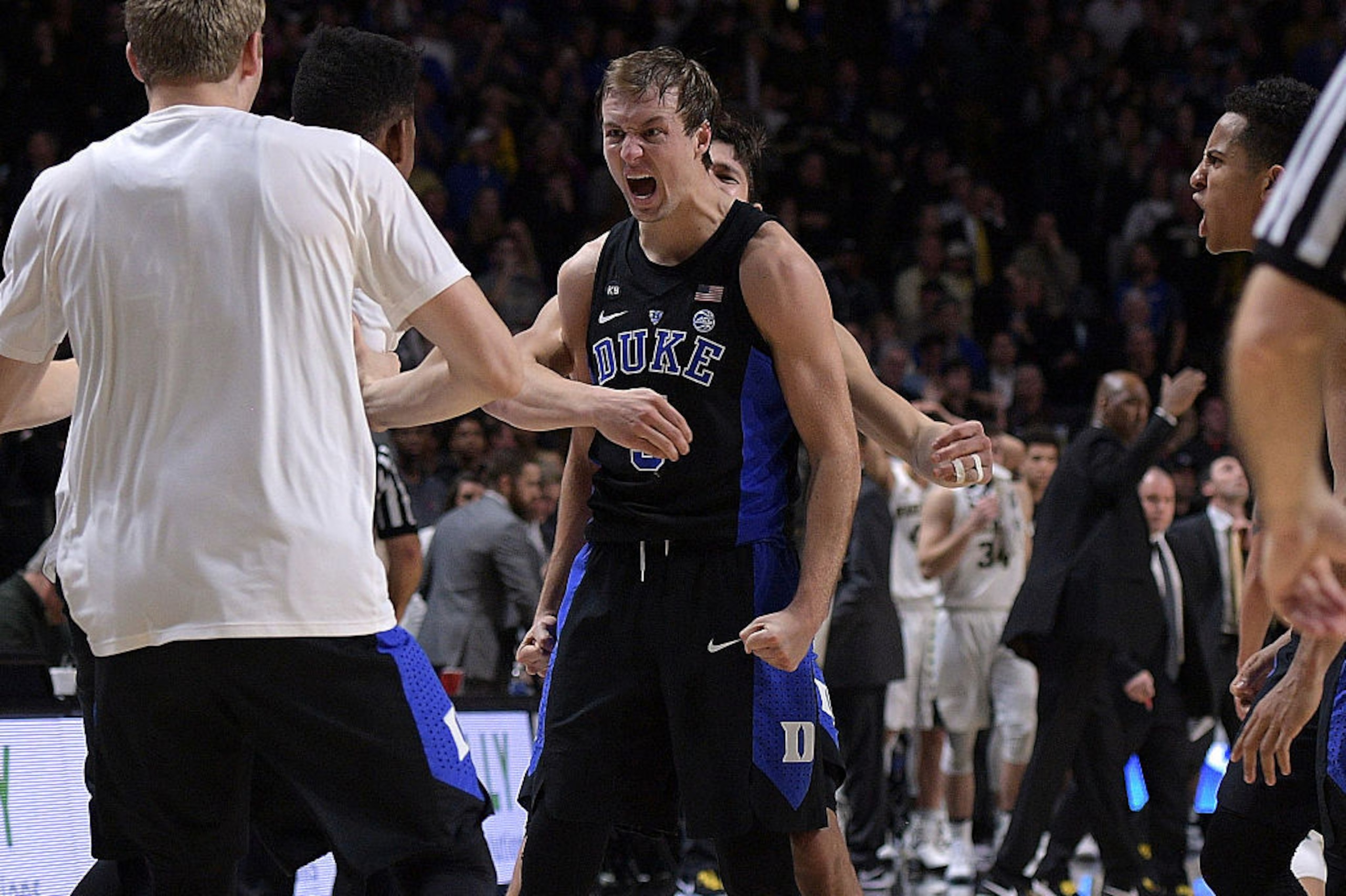 Kennard reacts following his game-winning three-point shot with 6.6 seconds remaining in the game against the Wake Forest on January 28, 2017, in Winston-Salem, North Carolina.