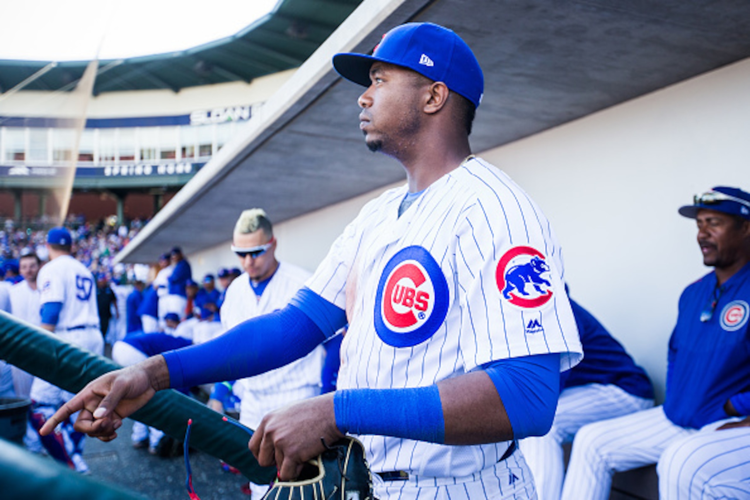 MESA, AZ - FEBRUARY 26:  Eloy Jimenez #68 of the Chicago Cubs looks on during the spring training game against the Cleveland Indians during a spring training game at Sloan Park on February 26, 2017 in Mesa, Arizona. (Photo by Rob Tringali/Getty Images)