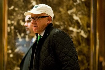 Woody Johnson, owner of the New York Jets NFL team, arrives at Trump Tower in New York City on December 5, 2016. / AFP / DOMINICK REUTER        (Photo credit should read DOMINICK REUTER/AFP/Getty Images)