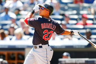 NEW YORK, NY - AUGUST 22:  Michael Brantley #23 of the Cleveland Indians in action against the New York Yankees at Yankee Stadium on August 22, 2015 in the Bronx borough of New York City. The Yankees defeated the Indians 6-2.  (Photo by Jim McIsaac/Getty 