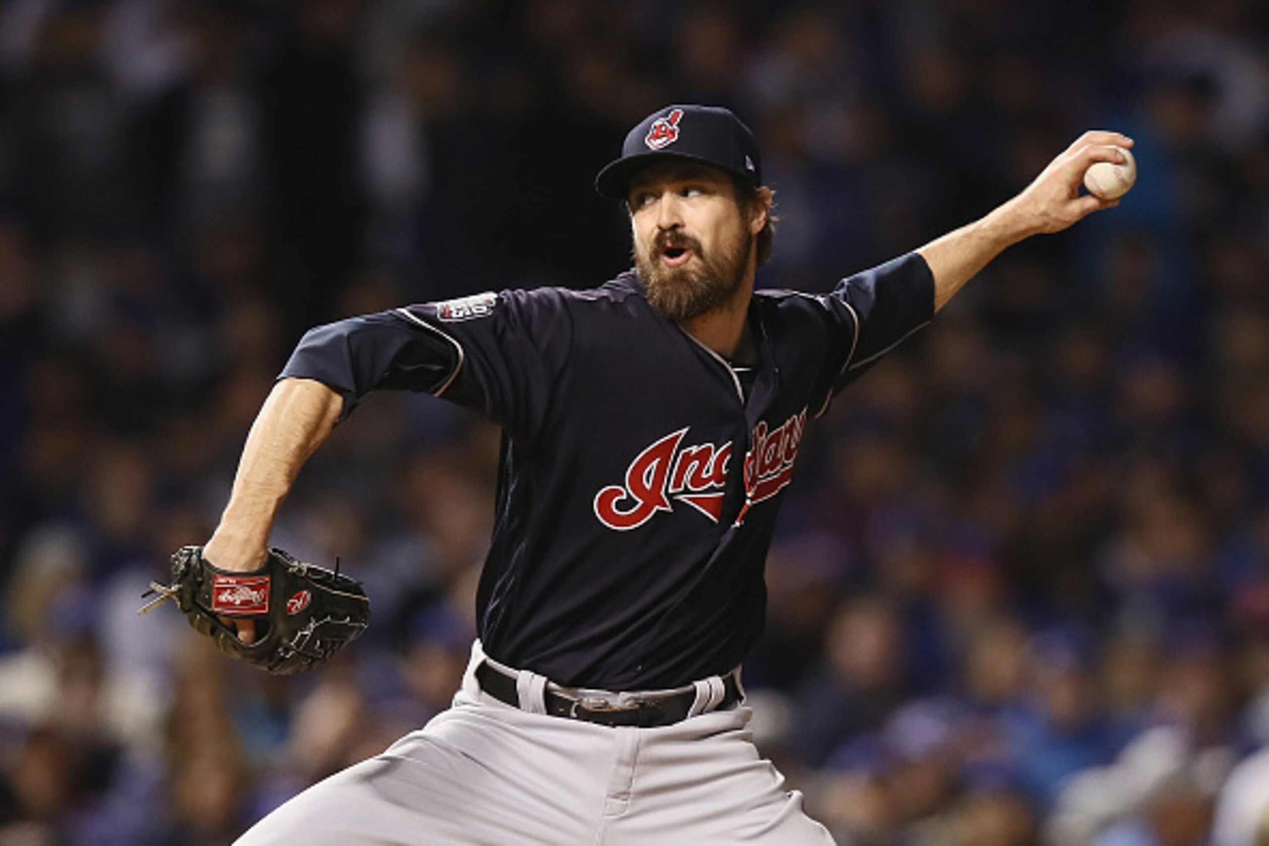 CHICAGO, IL - OCTOBER 29:  Andrew Miller #24 of the Cleveland Indians pitches in the seventh inning against the Chicago Cubs in Game Four of the 2016 World Series at Wrigley Field on October 29, 2016 in Chicago, Illinois.  (Photo by Ezra Shaw/Getty Images