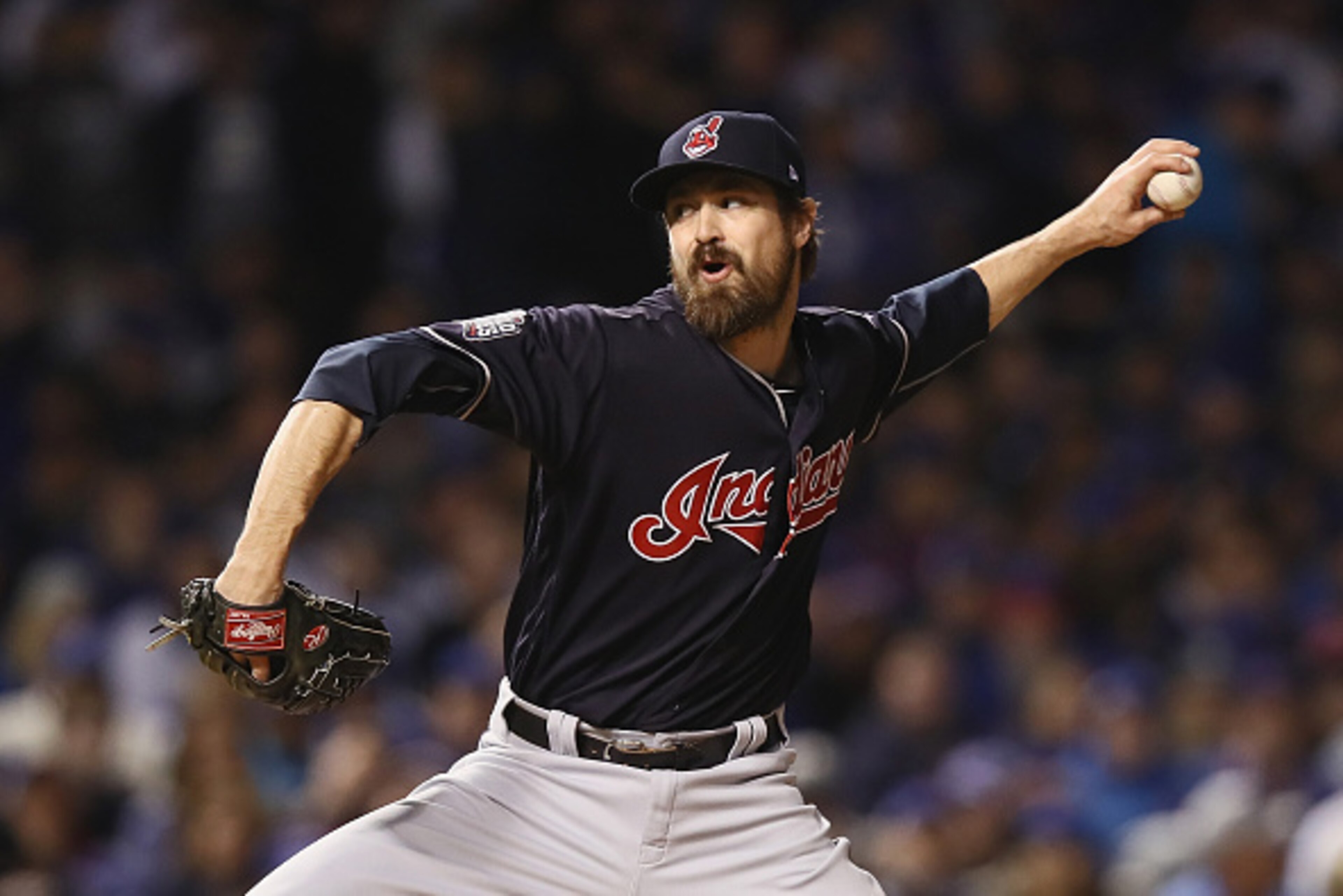 CHICAGO, IL - OCTOBER 29:  Andrew Miller #24 of the Cleveland Indians pitches in the seventh inning against the Chicago Cubs in Game Four of the 2016 World Series at Wrigley Field on October 29, 2016 in Chicago, Illinois.  (Photo by Ezra Shaw/Getty Images
