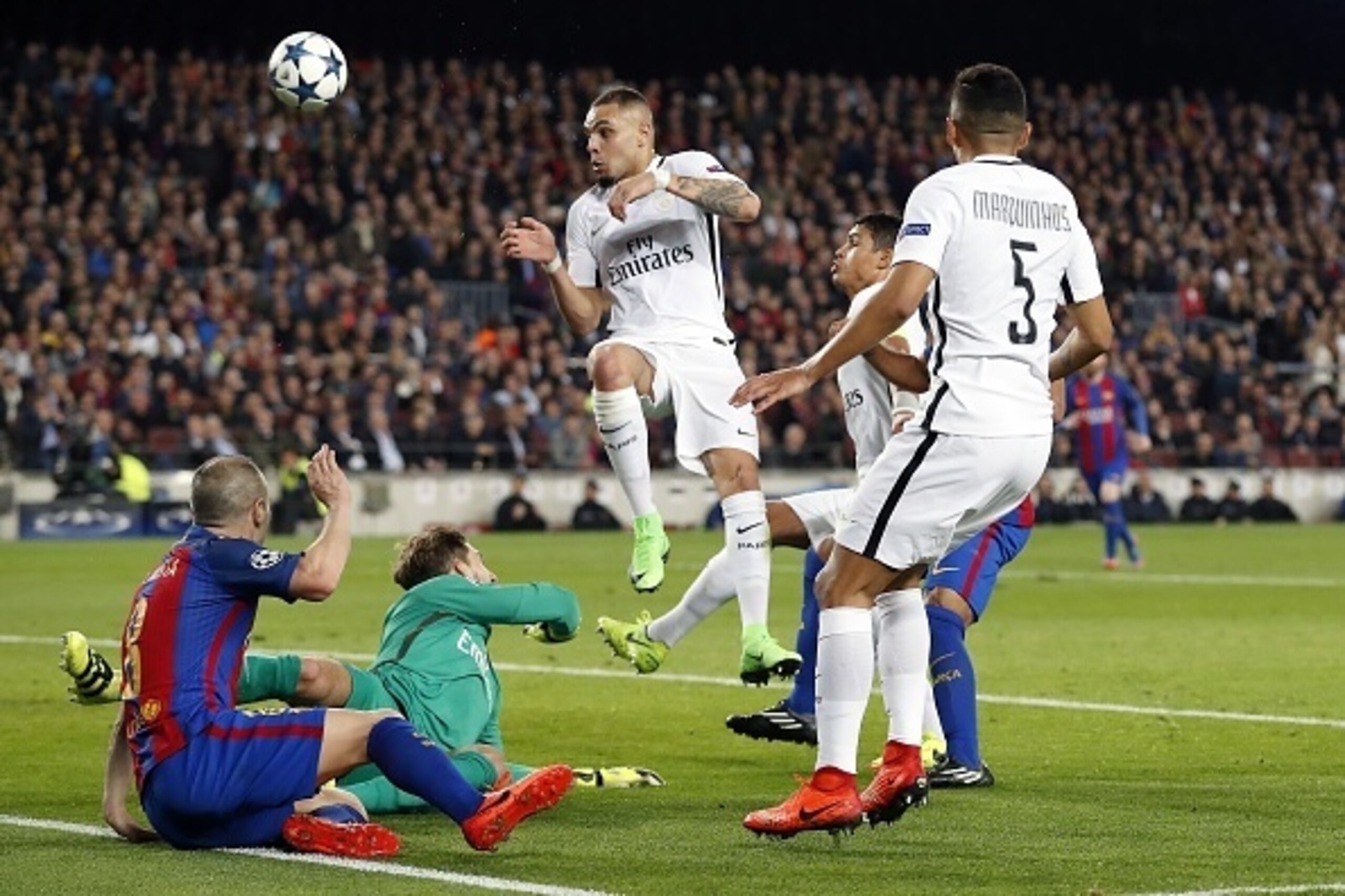 (L-R) Andres Iniesta of FC Barcelona, goalkeeper Kevin Trapp of Paris Saint-Germain, Layvin Kurzawa of Paris Saint-Germain, Thiago Silva of Paris Saint-Germain, Marquinhos of Paris Saint-Germain 2-0during the UEFA Champions League round of 16 match betwee