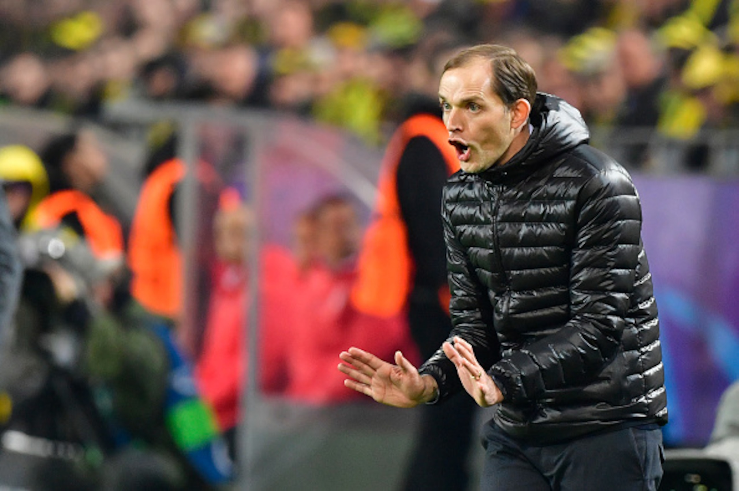 Dortmund's head coach Thomas Tuchel reacts during the UEFA Champions League Round of 16, 2nd-leg football match Borussia Dortmund v SL Benfica in Dortmund, western Germany on March 8, 2017. / AFP PHOTO / John MACDOUGALL        (Photo credit should read JO