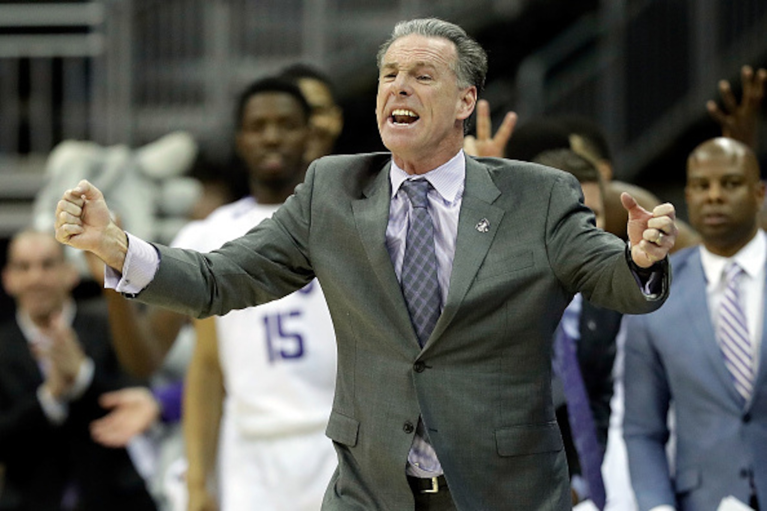 KANSAS CITY, MO - MARCH 08:  Head coach Jamie Dixon of the TCU Horned Frogs reacts during the first round game of the Big 12 Basketball Tournament against the Oklahoma Sooners at the Sprint Center on March 8, 2017 in Kansas City, Missouri.  (Photo by Jami