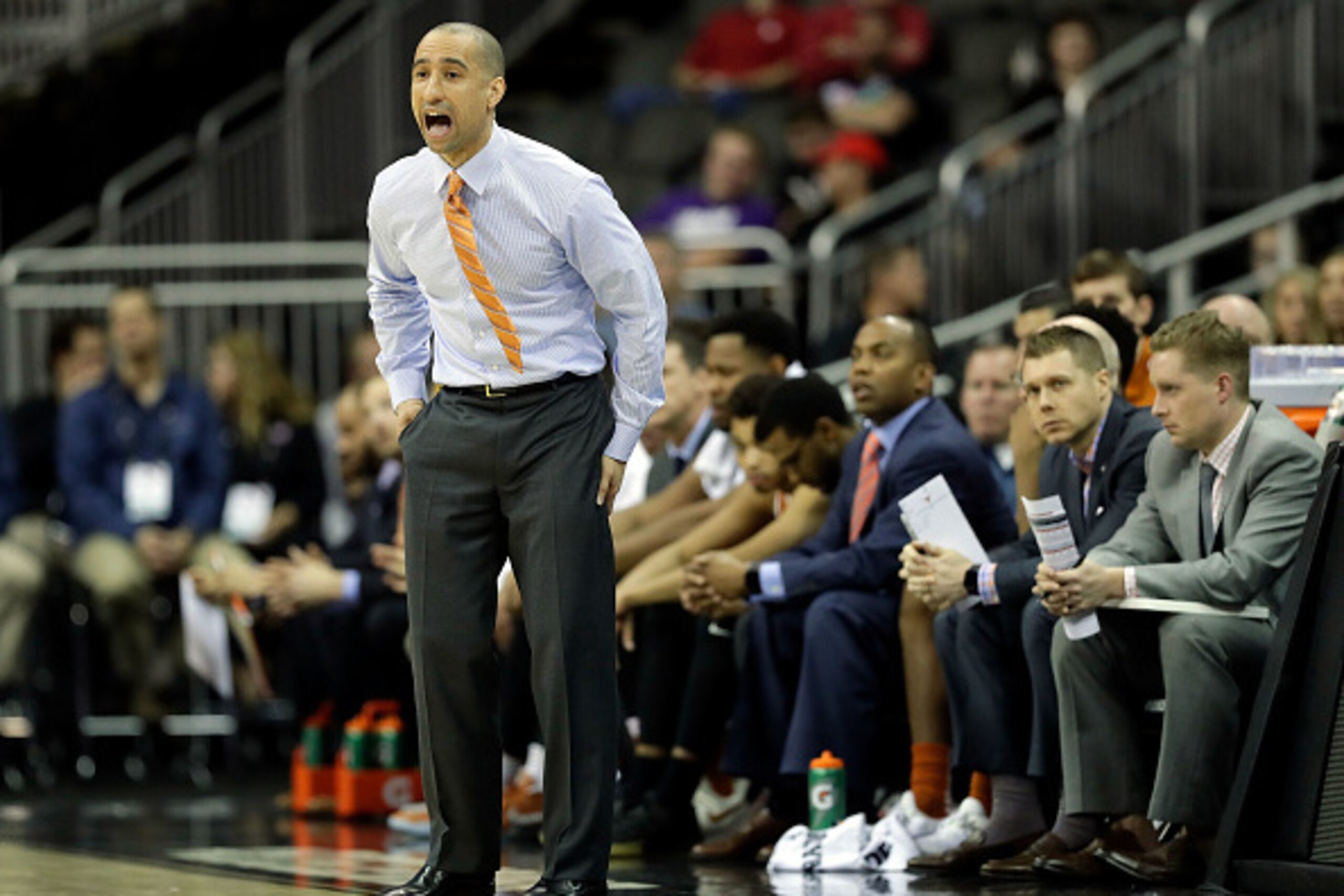 KANSAS CITY, MO - MARCH 08:  Head coach Shaka Smart of the Texas Longhorns reacts from the bench during the first round game of the Big 12 Basketball Tournament against the Texas Tech Red Raiders at the Sprint Center on March 8, 2017 in Kansas City, Misso