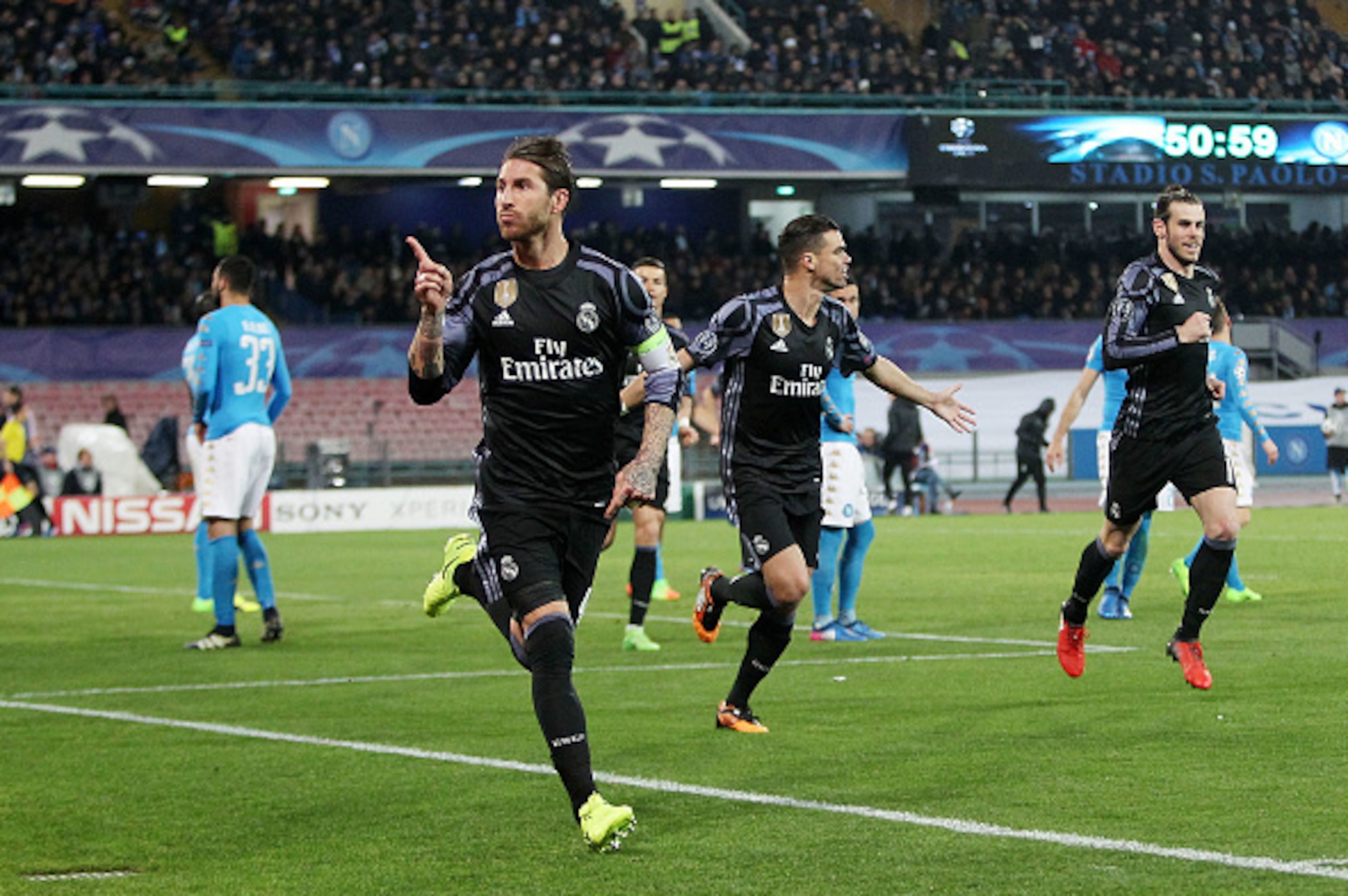 NAPLES, ITALY - MARCH 07:  Sergio Ramos of Real Madrid celebrates after scoring goal 1-1 during the UEFA Champions League Round of 16 second leg match between SSC Napoli and Real Madrid CF at Stadio San Paolo on March 7, 2017 in Naples, Italy.  (Photo by 