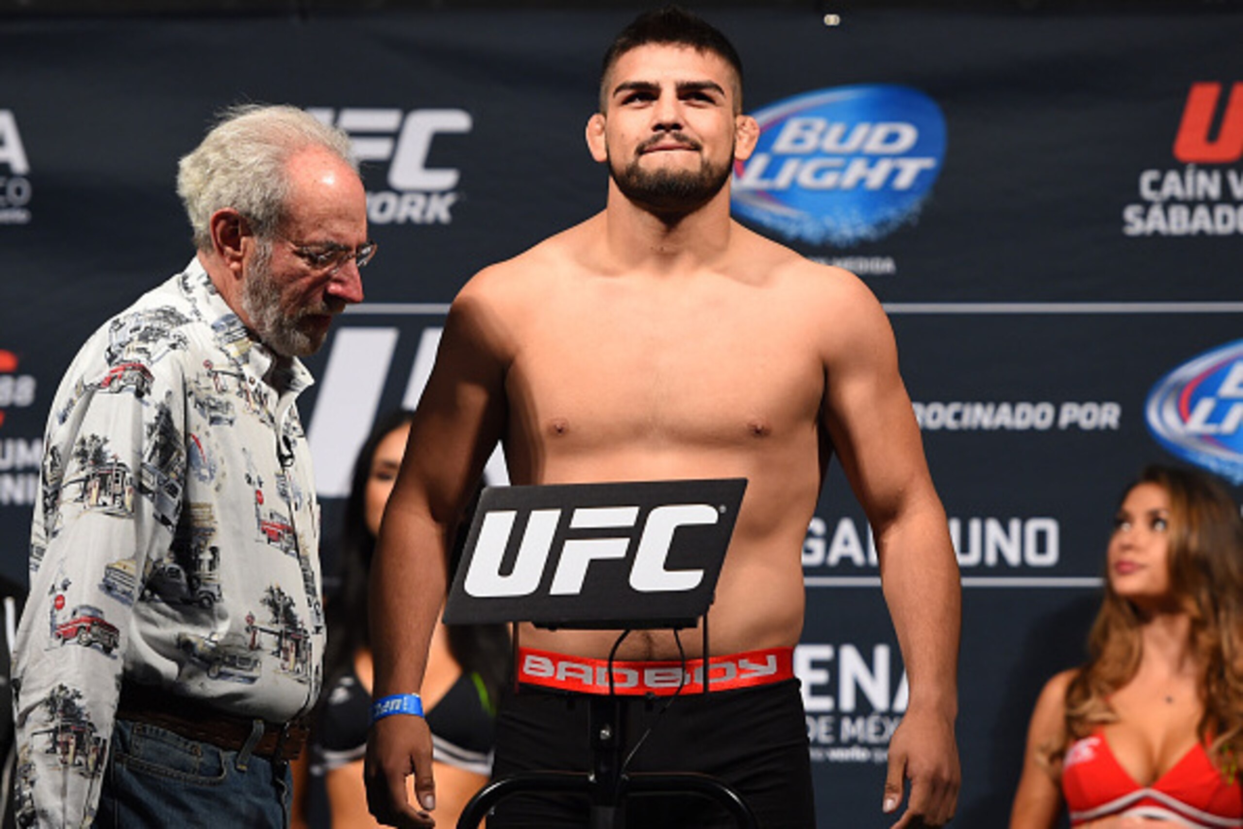 MEXICO CITY, MEXICO - JUNE 12:  Kelvin Gastelum of the United States steps on the scale during the UFC 188 weigh-in inside the Arena Ciudad de Mexico on June 12, 2015 in Mexico City, Mexico. (Photo by Josh Hedges/Zuffa LLC/Zuffa LLC via Getty Images)