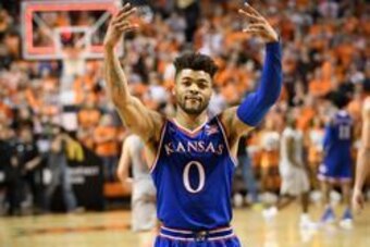 Mar 4, 2017; Stillwater, OK, USA; Kansas Jayhawks guard Frank Mason III (0) reacts after the game against the Oklahoma State Cowboys at Gallagher-Iba Arena. Kansas won 90-85. Mandatory Credit: Rob Ferguson-USA TODAY Sports