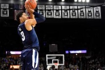 iFeb 1, 2017; Providence, RI, USA; Villanova Wildcats guard Josh Hart (3) shoots a three point shot during the first half against the Providence Friars at the Dunkin Donuts Center. Mandatory Credit: Brian Fluharty-USA TODAY Sports
