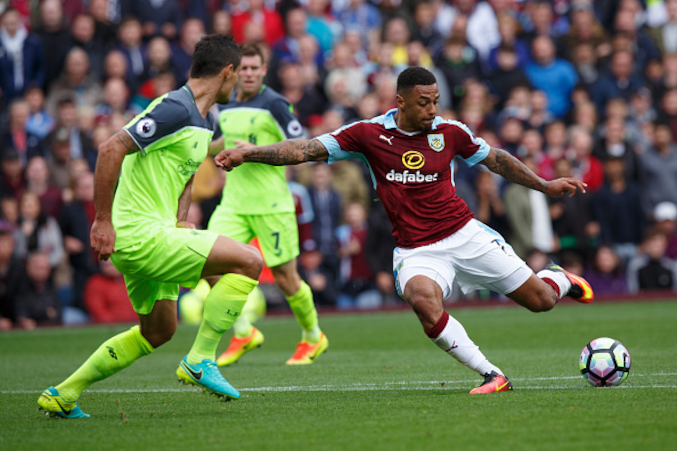 BURNLEY, ENGLAND - AUGUST 20: Andre Gray of Burnley scores a goal to make it 2-0 during the Premier League match between Burnley and Liverpool at Turf Moor on August 20, 2016 in Burnley, England. (Photo by Robbie Jay Barratt - AMA/Getty Images)