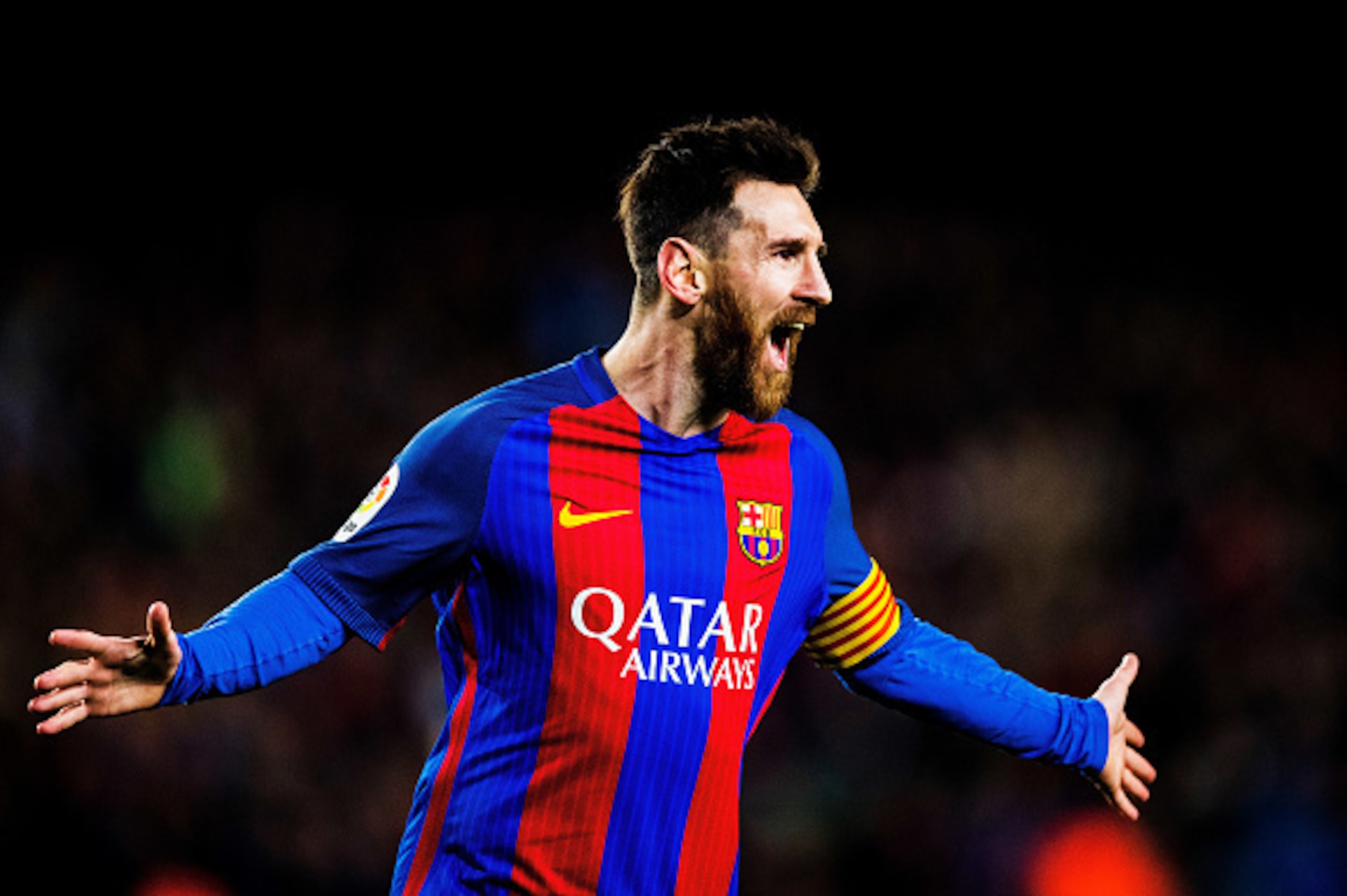 BARCELONA, SPAIN - MARCH 04:  Lionel Messi of Barcelona celebrates after scoring his team's first goal during the La Liga match between FC Barcelona and RC Celta de Vigo at Camp Nou on March 04, 2017 in Barcelona, Spain.  (Photo by Vladimir Rys Photograph
