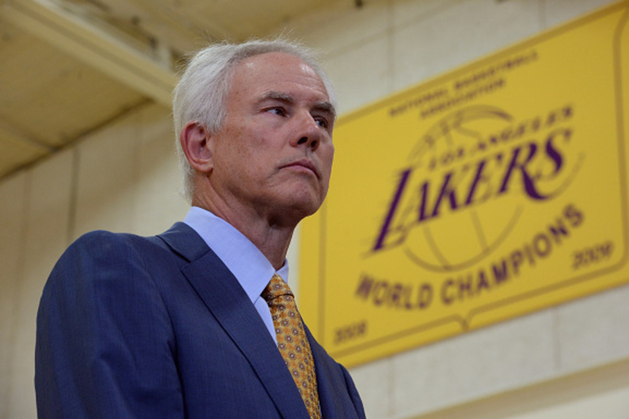 EL SEGUNDO, CA - JULY 22:  Los Angeles Lakers General Manager Mitch Kupchak introduces new players to the media at Toyota Sports Center on July 22, 2015 in El Segundo, California.  NOTE TO USER: User expressly acknowledges and agrees that, by downloading 