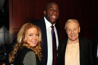 LOS ANGELES - NOVEMBER 7:  Jeanie Buss, Earvin 'Magic' Johnson, Dr. Jerry Buss and Phil Jackson pose for a photo at the Magic Johnson Foundation Press Conference at Staples Center on November 7, 2011 in Los Angeles, California. NOTE TO USER: User expressl