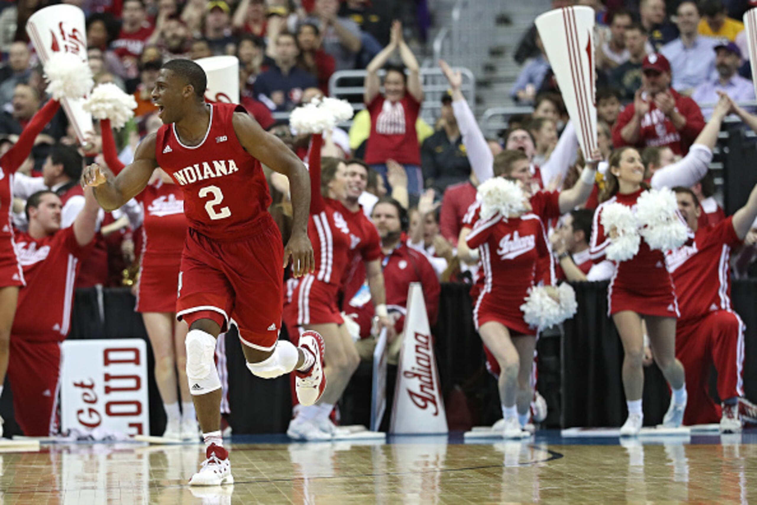 WASHINGTON, DC - MARCH 09: Josh Newkirk #2 of the Indiana Hoosiers celebrates after scoring against the Iowa Hawkeyes during the second half in the second round of the Big Ten Basketball Tournament at Verizon Center on March 9, 2017 in Washington, DC. (Ph