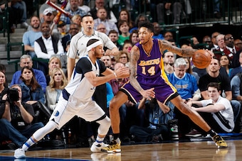 DALLAS, TX - MARCH 7:  Brandon Ingram #14 of the Los Angeles Lakers handles the ball against the Dallas Mavericks on March 7, 2017 at the American Airlines Center in Dallas, Texas. NOTE TO USER: User expressly acknowledges and agrees that, by downloading 