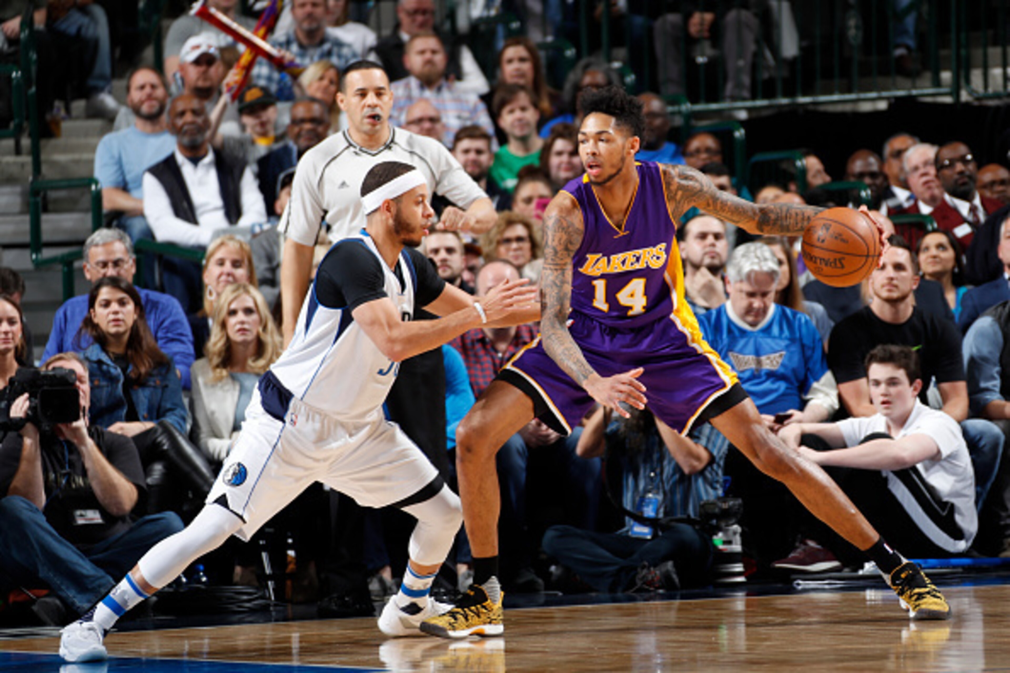 DALLAS, TX - MARCH 7: Brandon Ingram #14 of the Los Angeles Lakers handles the ball against the Dallas Mavericks on March 7, 2017 at the American Airlines Center in Dallas, Texas. NOTE TO USER: User expressly acknowledges and agrees that, by downloading DALLAS, TX - MARCH 7: Brandon Ingram #14 of the Los Angeles Lakers handles the ball against the Dallas Mavericks on March 7, 2017 at the American Airlines Center in Dallas, Texas. NOTE TO USER: User expressly acknowledges and agrees that, by downloading