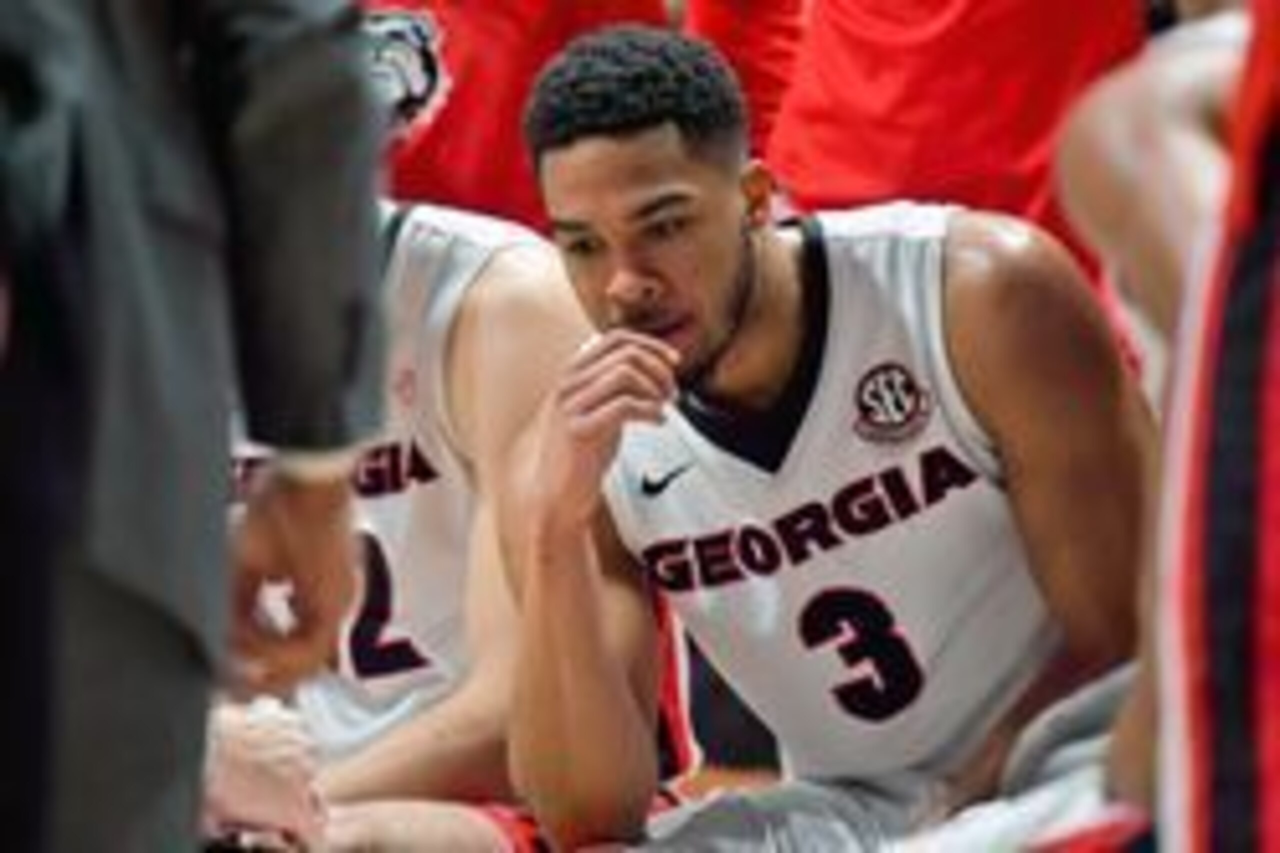 Mar 9, 2017; Nashville, TN, USA; Georgia Bulldogs guard Juwan Parker (3) during a first half time out of game three of the SEC Conference Tournament against the Tennessee Volunteers at Bridgestone Arena. Mandatory Credit: Jim Brown-USA TODAY Sports