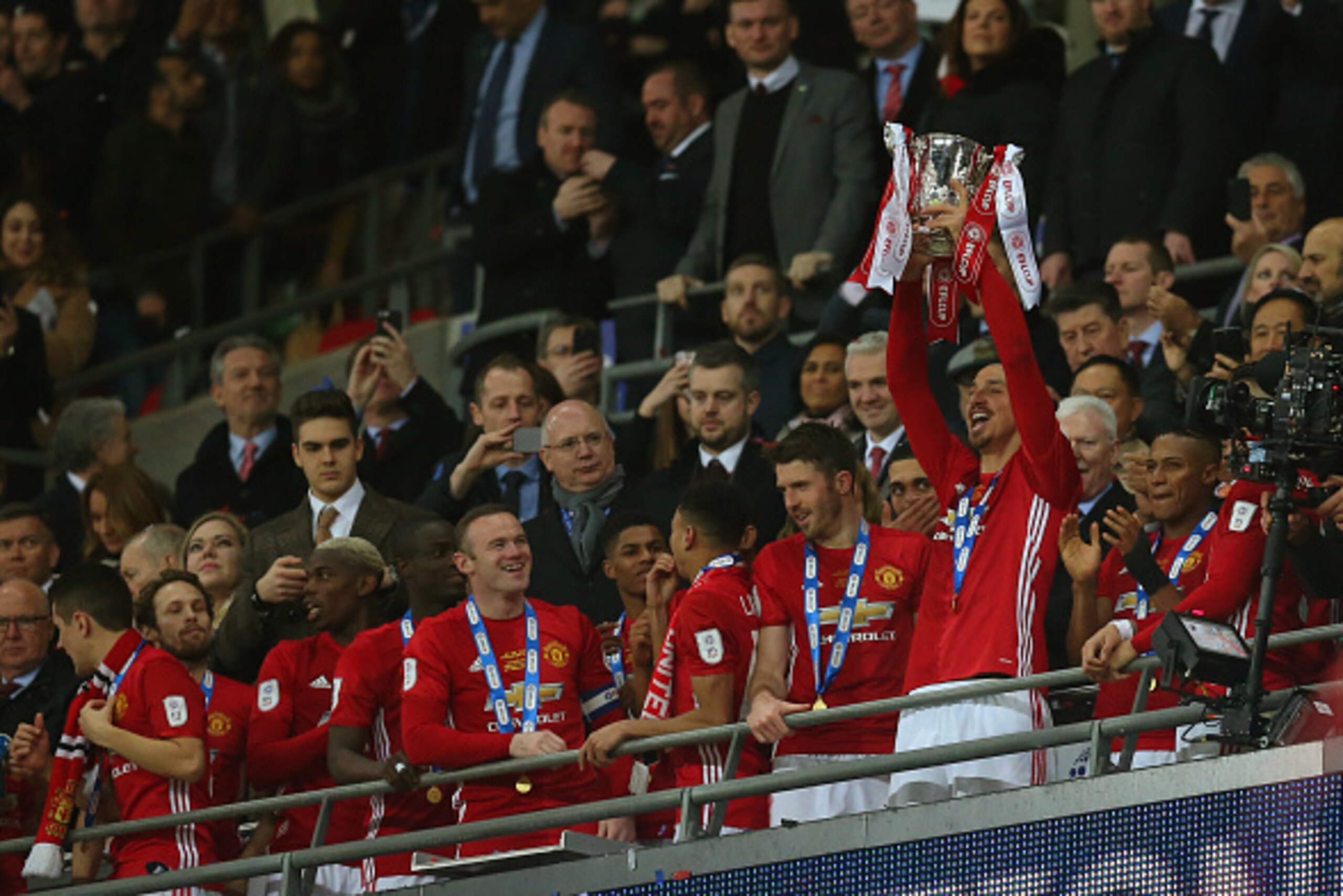 LONDON, ENGLAND - FEBRUARY 26: Zlatan Ibrahimovic of Manchester United celebrates with the trophy during the EFL Cup Final match between Manchester United and Southampton at Wembley Stadium on February 26, 2017 in London, England. (Photo by Catherine Ivil