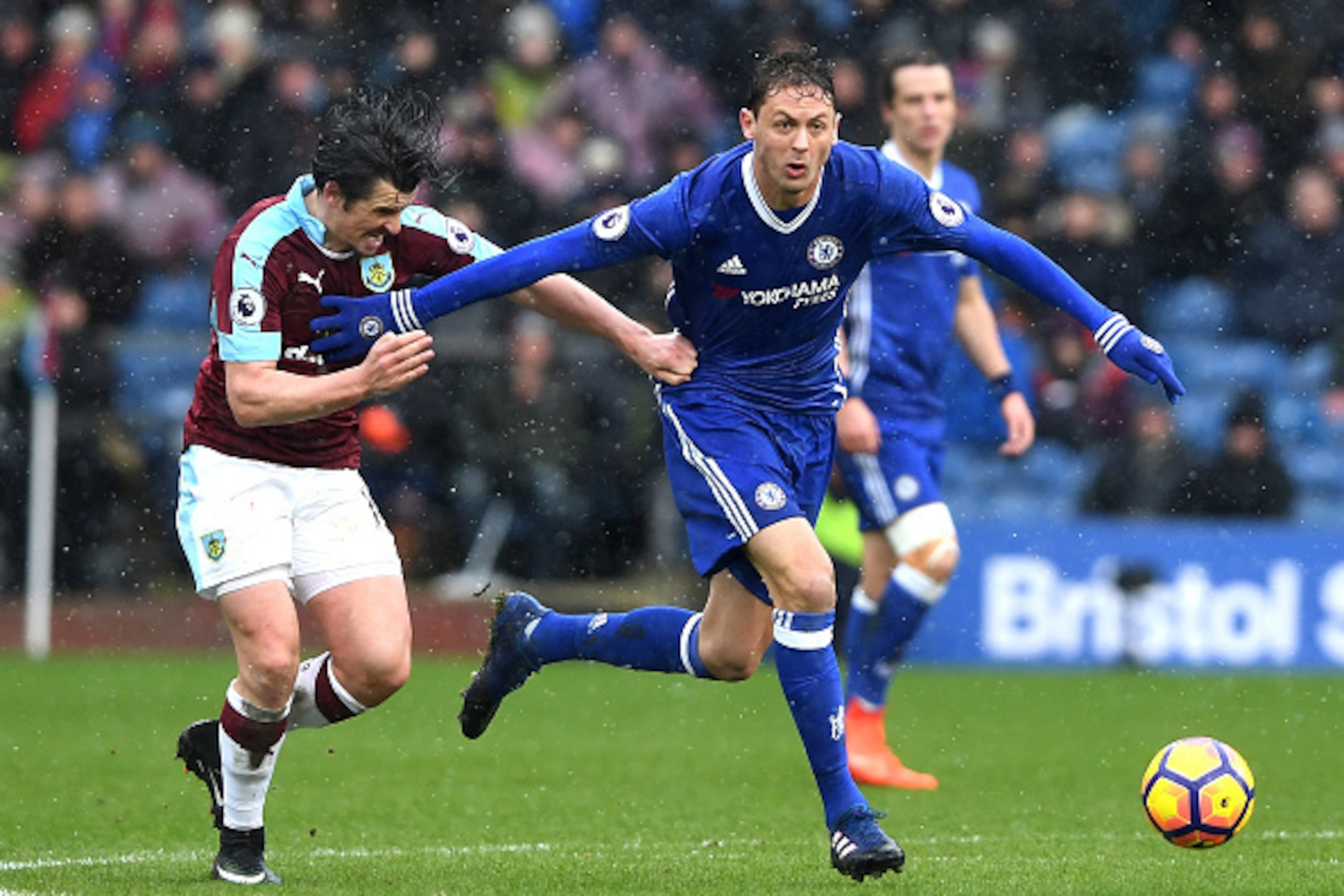 BURNLEY, ENGLAND - FEBRUARY 12: Nemanja Matic of Chelsea holds of Joey Barton during the Premier League match between Burnley and Chelsea at Turf Moor on February 12, 2017 in Burnley, England.  (Photo by Mike Hewitt/Getty Images)