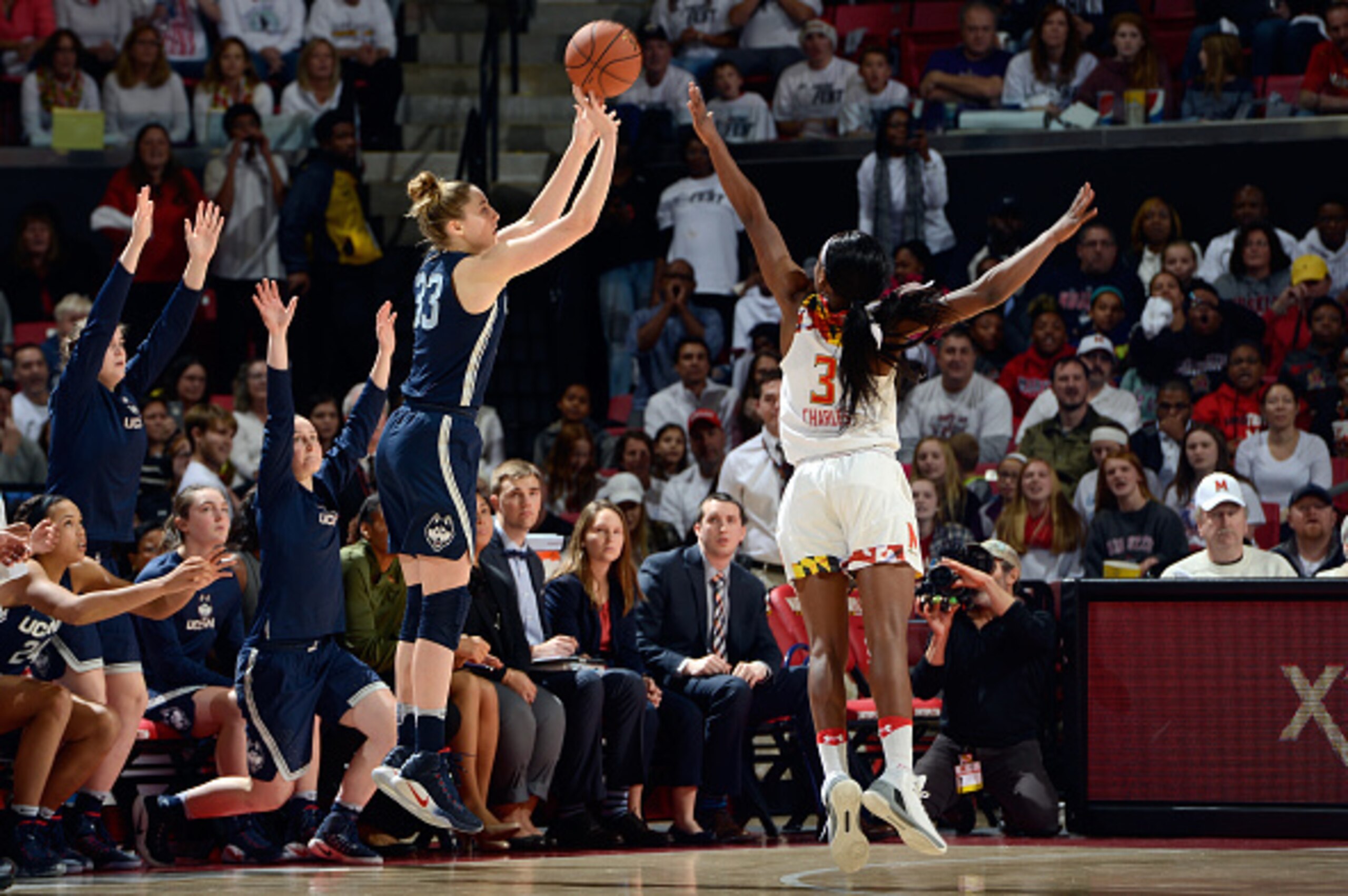 COLLEGE PARK, MD - DECEMBER 29:  Katie Lou Samuelson #33 of the Connecticut Huskies shoots the ball against the Maryland Terrapins at Xfinity Center on December 29, 2016 in College Park, Maryland.  (Photo by G Fiume/Maryland Terrapins/Getty Images)
