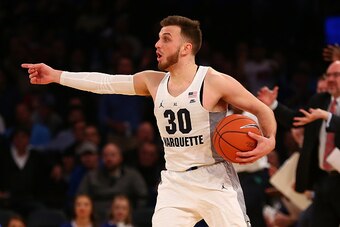 NEW YORK, NY - MARCH 09:  Andrew Rowsey #30 of the Marquette Golden Eagles reacst against the Marquette Golden Eagles during the Big East Basketball Tournament - Quarterfinals at Madison Square Garden on March 9, 2017 in New York City.  (Photo by Mike Sto