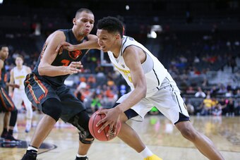LAS VEGAS, NV - MARCH 08:  Ivan Rabb #1 of the California Golden Bears handles the ball against Ben Kone #34 of the Oregon State Beavers during a first-round game of the Pac-12 Basketball Tournament at T-Mobile Arena on March 8, 2017 in Las Vegas, Nevada.