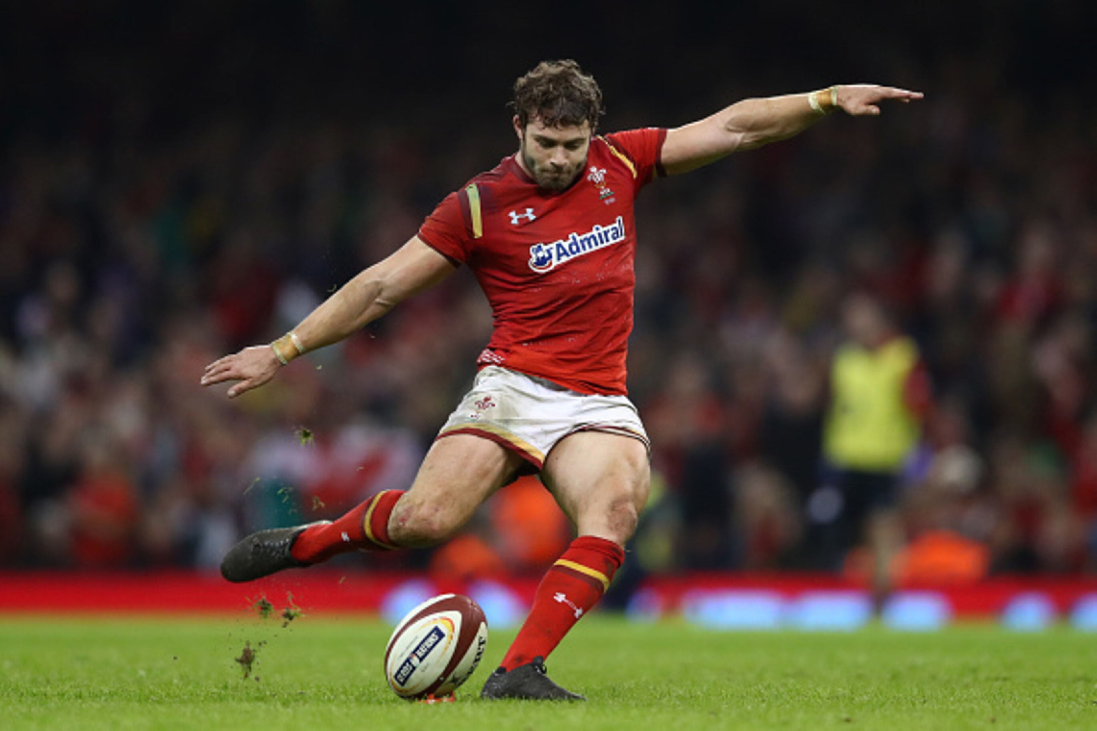 CARDIFF, WALES - MARCH 10: Leigh Halfpenny of Wales kicks at goal during the Six Nations match between Wales and Ireland at the Principality Stadium on March 10, 2017 in Cardiff, Wales.  (Photo by Michael Steele/Getty Images)