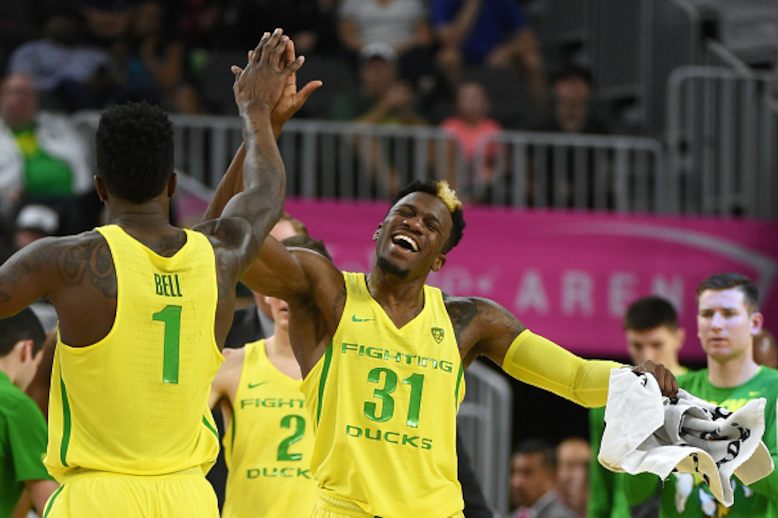 LAS VEGAS, NV - MARCH 10: Jordan Bell #1 and Dylan Ennis #31 of the Oregon Ducks celebrate late in a semifinal game of the Pac-12 Basketball Tournament against the California Golden Bears at T-Mobile Arena on March 10, 2017 in Las Vegas, Nevada. Oregon w LAS VEGAS, NV - MARCH 10: Jordan Bell #1 and Dylan Ennis #31 of the Oregon Ducks celebrate late in a semifinal game of the Pac-12 Basketball Tournament against the California Golden Bears at T-Mobile Arena on March 10, 2017 in Las Vegas, Nevada. Oregon w