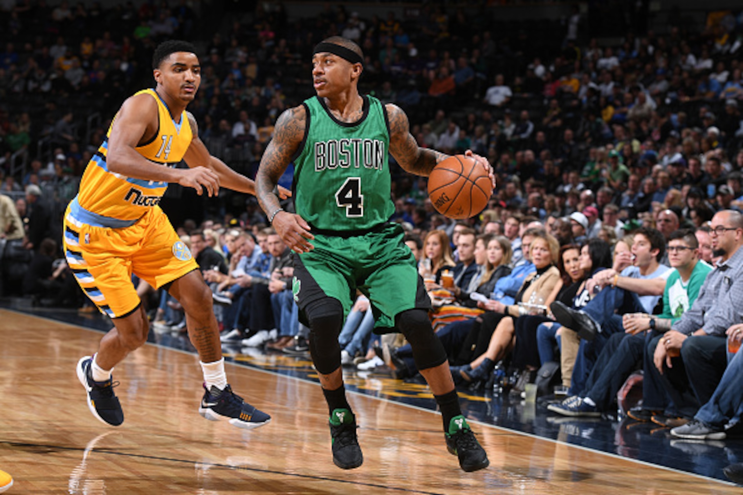 DENVER, CO - MARCH 10: Isaiah Thomas #4 of the Boston Celtics handles the ball against the Denver Nuggets on March 10, 2017 at the Pepsi Center in Denver, Colorado. NOTE TO USER: User expressly acknowledges and agrees that, by downloading and/or using thi