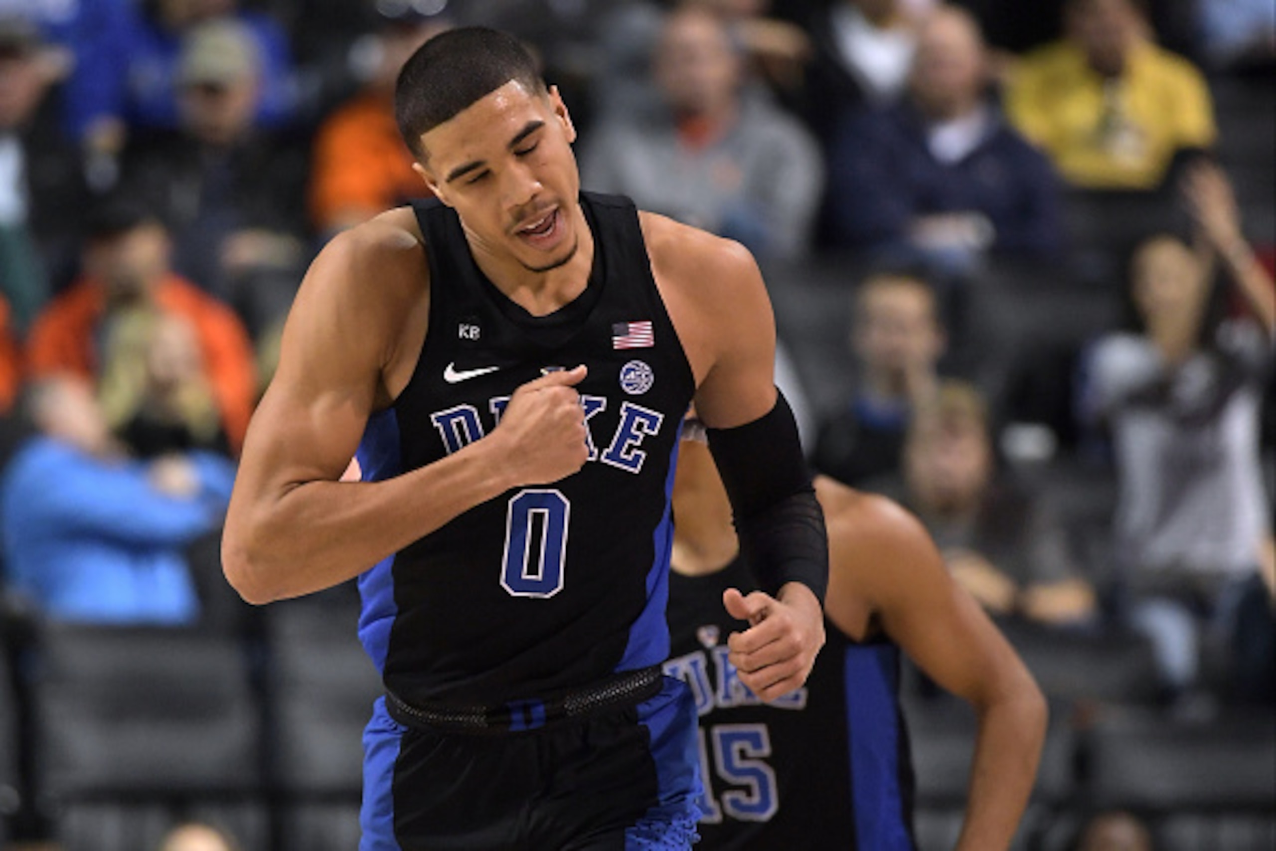 NEW YORK, NY - MARCH 09: Jayson Tatum #0 of the Duke Blue Devils reacts during their game against the Louisville Cardinals during the quarterfinals of the ACC Basketball Tournament at Barclays Center on March 9, 2017 in the Brooklyn borough of New York Ci