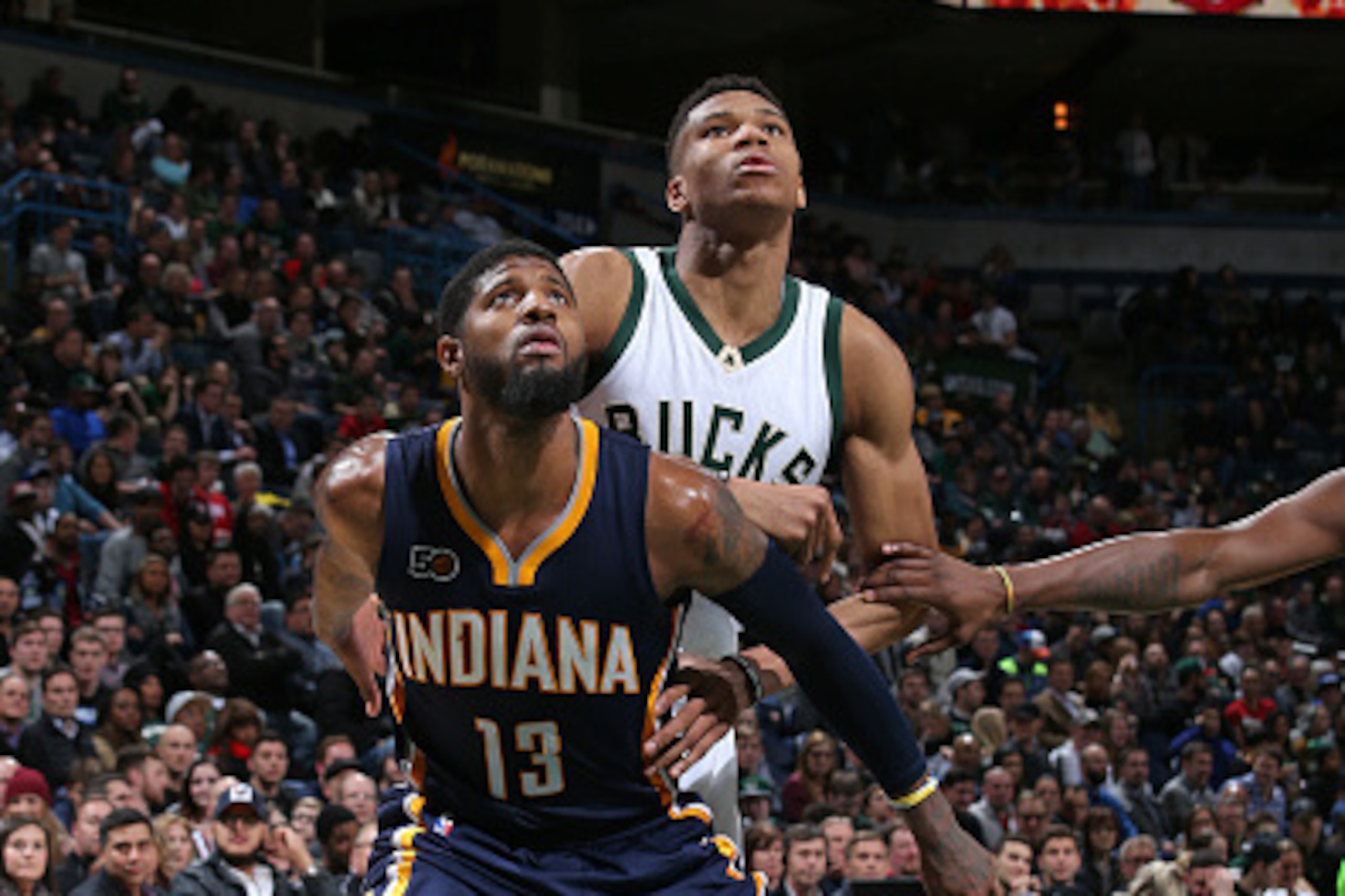 Milwaukee, WI - MARCH 10:  Paul George #13 of the Indiana Pacers fights for position against Giannis Antetokounmpo #34 of the Milwaukee Bucks  on March 10, 2017 at the BMO Harris Bradley Center in Milwaukee, Wisconsin. NOTE TO USER: User expressly acknowl