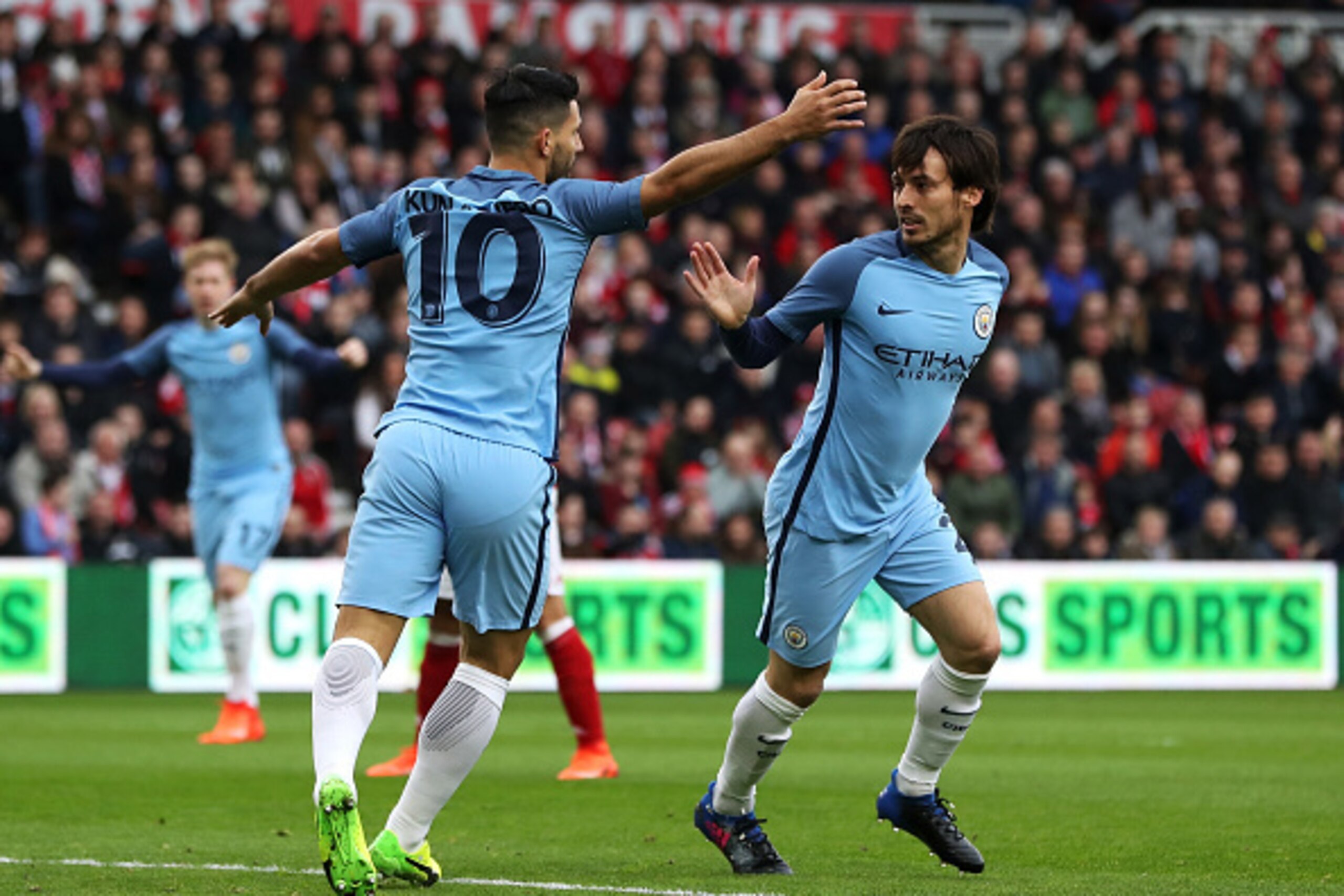 MIDDLESBROUGH, ENGLAND - MARCH 11: David Silva of Manchester City (R) celebrates scoring his sides first goal with Sergio Aguero of Manchester City (L) during The Emirates FA Cup Quarter-Final match between Middlesbrough and Manchester City at Riverside MIDDLESBROUGH, ENGLAND - MARCH 11: David Silva of Manchester City (R) celebrates scoring his sides first goal with Sergio Aguero of Manchester City (L) during The Emirates FA Cup Quarter-Final match between Middlesbrough and Manchester City at Riverside