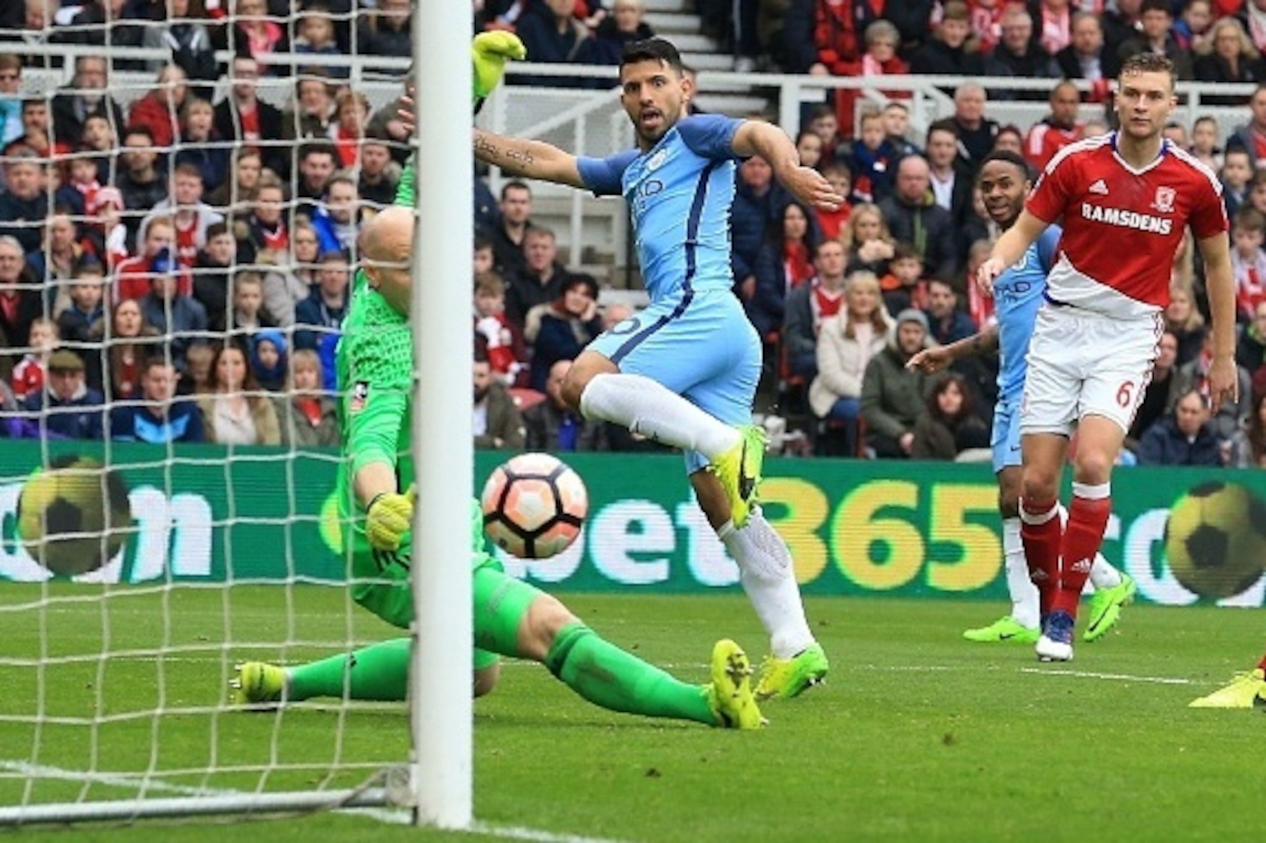 Manchester City's Argentinian striker Sergio Aguero watches his shot beat Middlesbrough's US Goalkeeper Brad Guzan (L) but it hits the post during the English FA cup quarter final football match between Middlesbrough and Manchester City at the Riverside S Manchester City's Argentinian striker Sergio Aguero watches his shot beat Middlesbrough's US Goalkeeper Brad Guzan (L) but it hits the post during the English FA cup quarter final football match between Middlesbrough and Manchester City at the Riverside S
