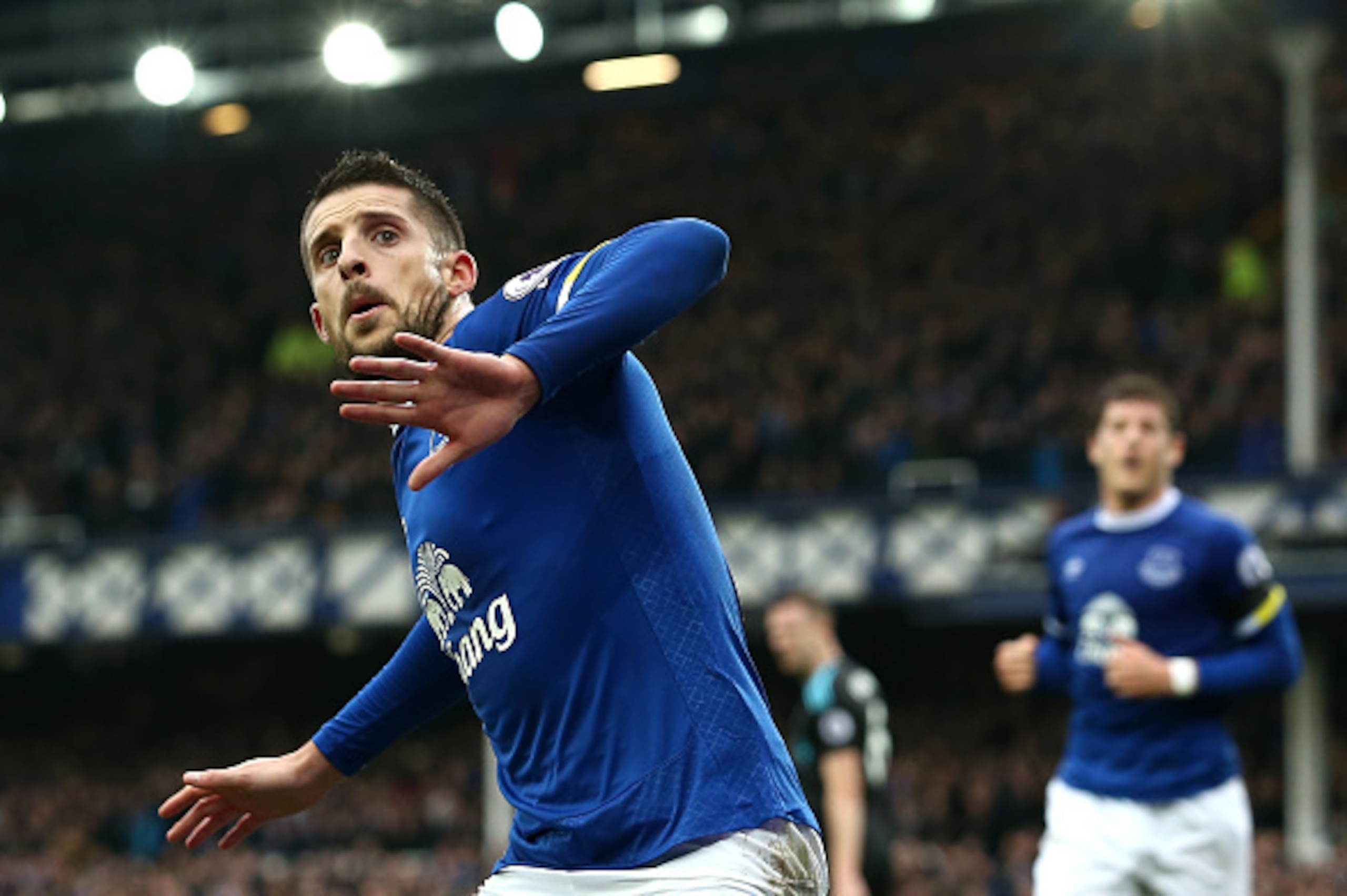LIVERPOOL, ENGLAND - MARCH 11:  Kevin Mirallas of Everton celebrates scoring his sides first goal during the Premier League match between Everton and West Bromwich Albion at Goodison Park on March 11, 2017 in Liverpool, England.  (Photo by Jan Kruger/Gett