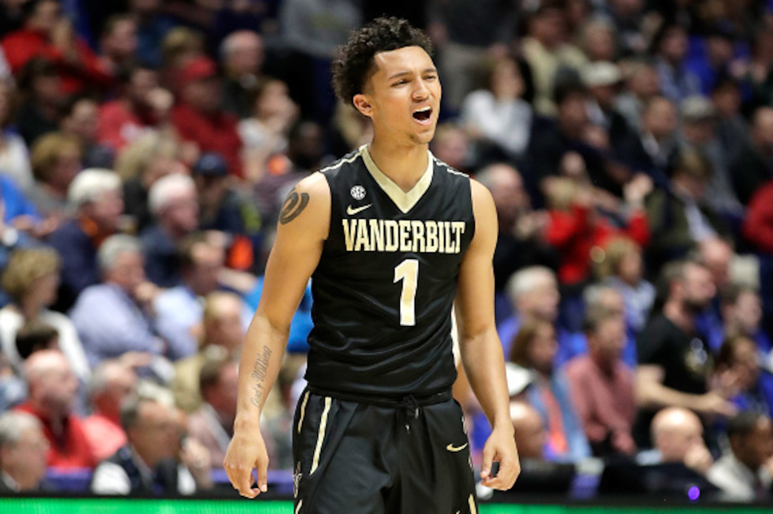 NASHVILLE, TN - MARCH 10: Payton Willis #1 of the Vanderbilt Commodores celebrates against the  Florida Gators during the quarterfinals of the SEC Basketball Tournament at Bridgestone Arena on March 10, 2017 in Nashville, Tennessee.  (Photo by Andy Lyons/