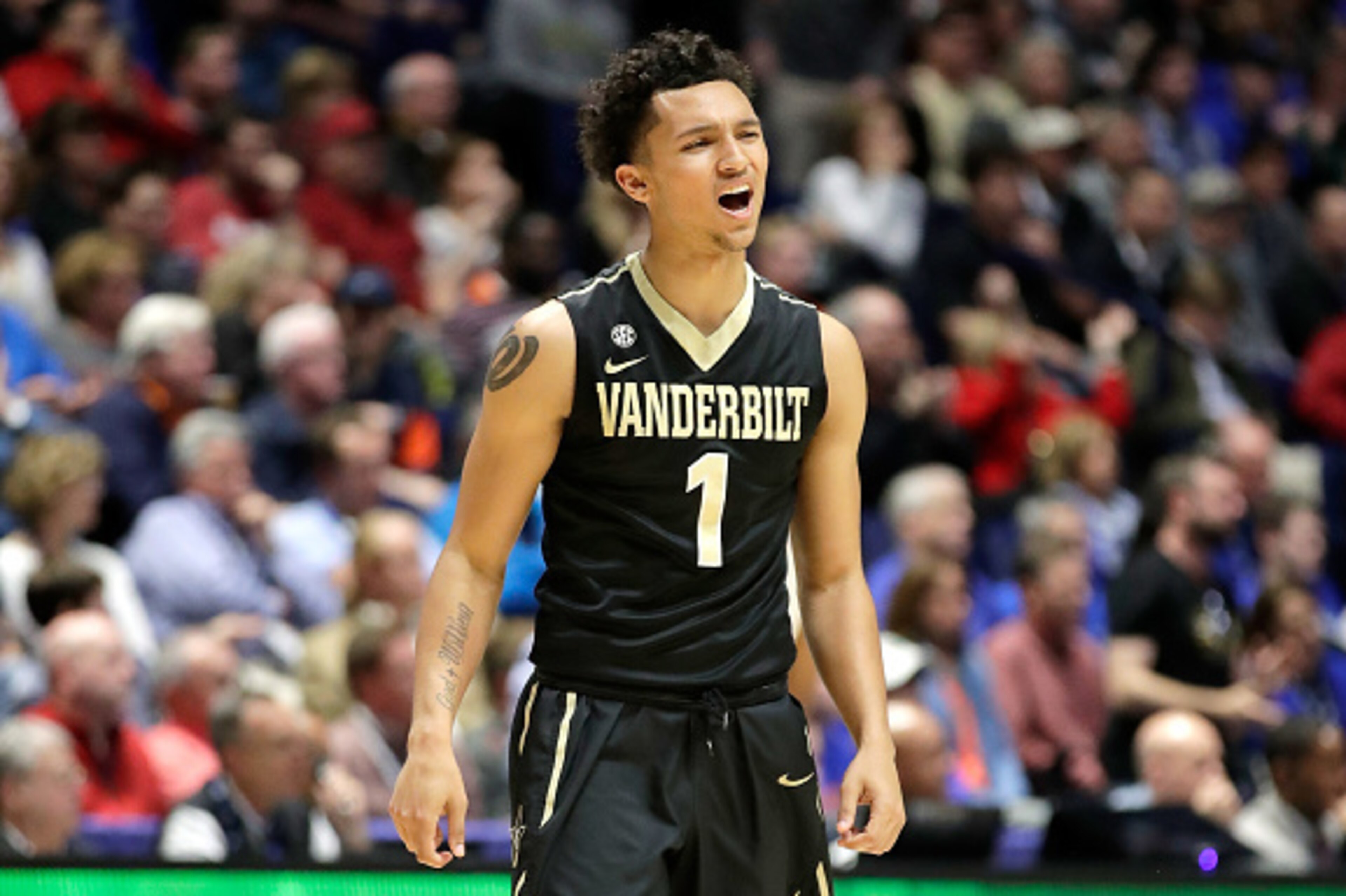 NASHVILLE, TN - MARCH 10: Payton Willis #1 of the Vanderbilt Commodores celebrates against the  Florida Gators during the quarterfinals of the SEC Basketball Tournament at Bridgestone Arena on March 10, 2017 in Nashville, Tennessee.  (Photo by Andy Lyons/
