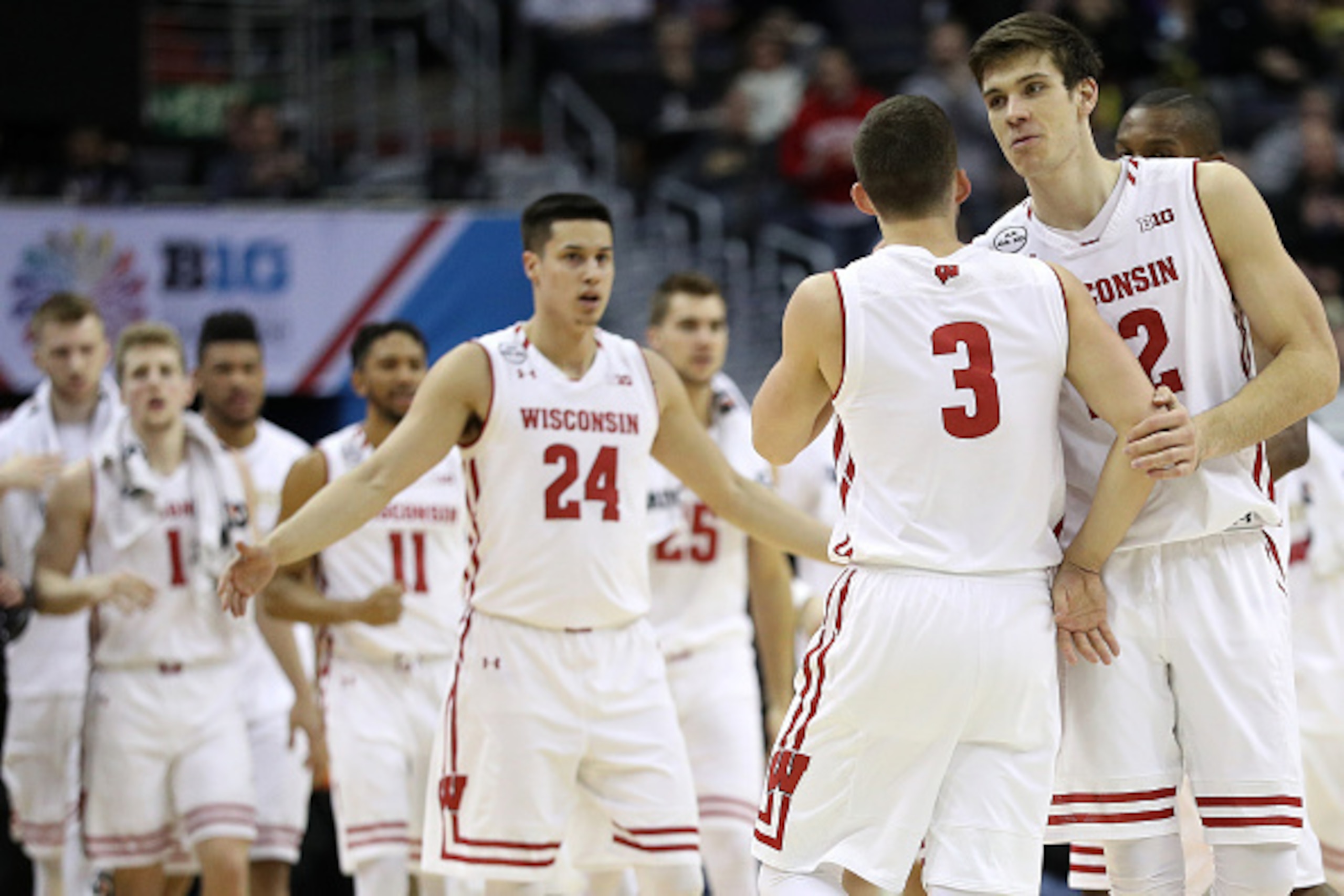 WASHINGTON, DC - MARCH 11: Zak Showalter #3 of the Wisconsin Badgers walks to the bench during a timeout against the Northwestern Wildcats during the first half in the semifinals of the Big Ten Basketball Tournament at Verizon Center on March 11, 2017 in 