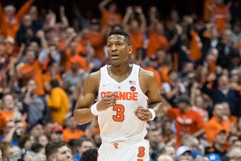 SYRACUSE, NY - FEBRUARY 22:  Andrew White III #3 of the Syracuse Orange runs downcourt during the first half against the Duke Blue Devils on February 22, 2017 at The Carrier Dome in Syracuse, New York. Syracuse upsets Duke 78-75.  (Photo by Brett Carlsen/