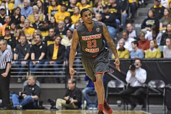 WICHITA, KS - FEBRUARY 27:  Forward Deontae Hawkins #23 of the Illinois State Redbirds reacts after hitting a three-point shot against the Wichita State Shockers during the first half on February 27, 2016 at Charles Koch Arena in Wichita, Kansas.  (Photo 