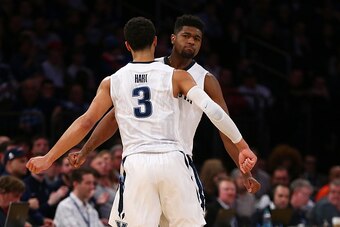 NEW YORK, NY - MARCH 11:  Kris Jenkins and Josh Hart #3 #2 of the Villanova Wildcats celebrate against Creighton Bluejays during the Big East Basketball Tournament - Championship Game at Madison Square Garden on March 11, 2017 in New York City.  (Photo by